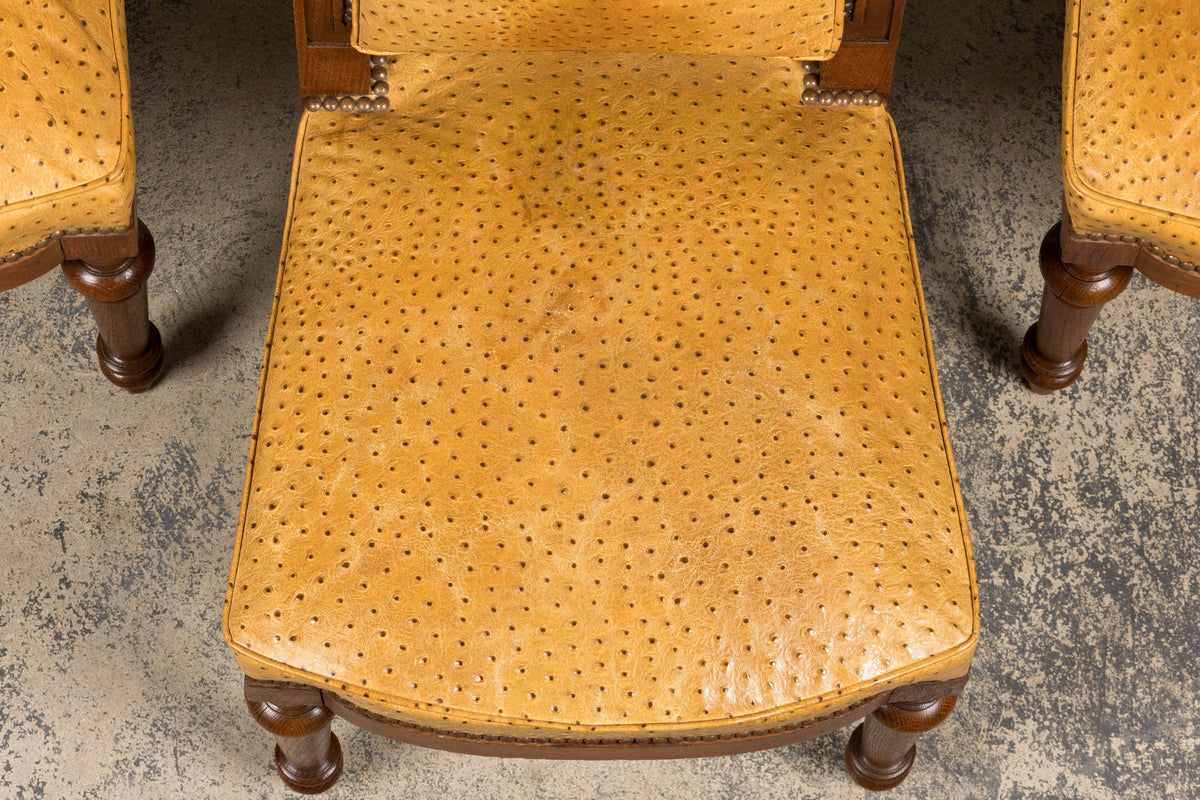Set of 8 Late 19th Century French Napoleon III Oak Dining Chairs in Ostrich-Embossed Leather