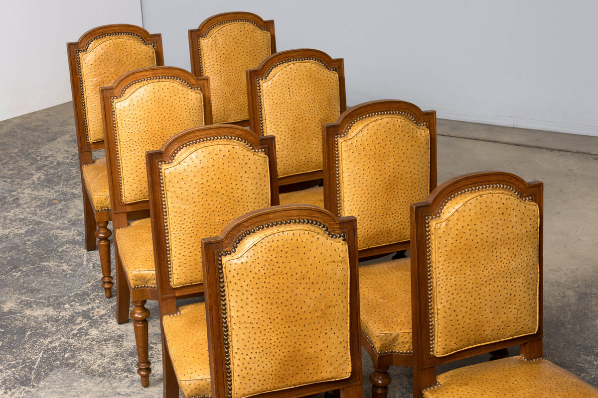 Set of 8 Late 19th Century French Napoleon III Oak Dining Chairs in Ostrich-Embossed Leather