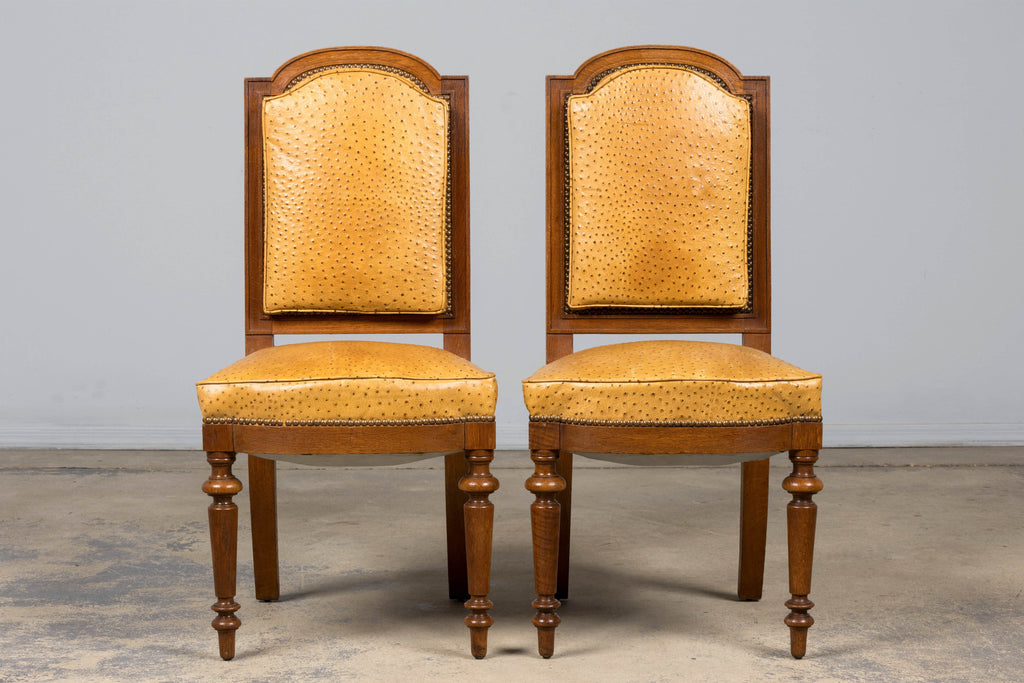Set of 8 Late 19th Century French Napoleon III Oak Dining Chairs in Ostrich-Embossed Leather