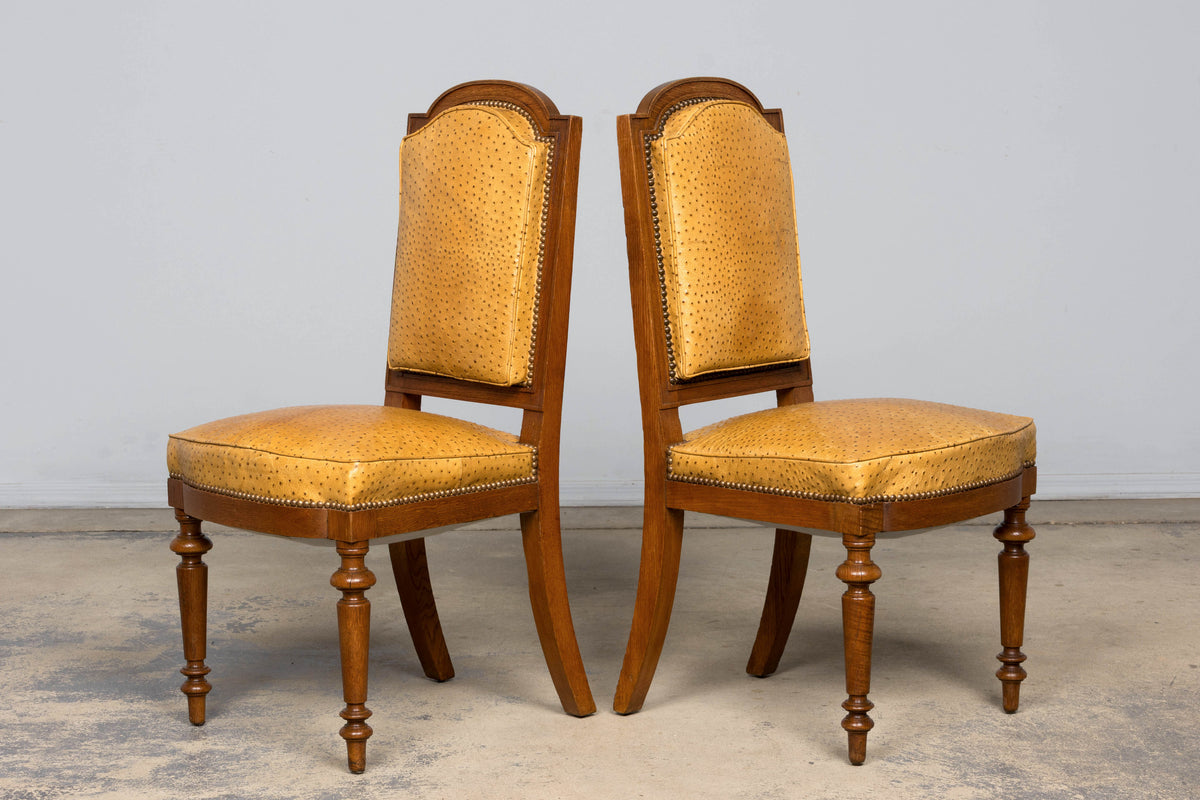 Set of 8 Late 19th Century French Napoleon III Oak Dining Chairs in Ostrich-Embossed Leather