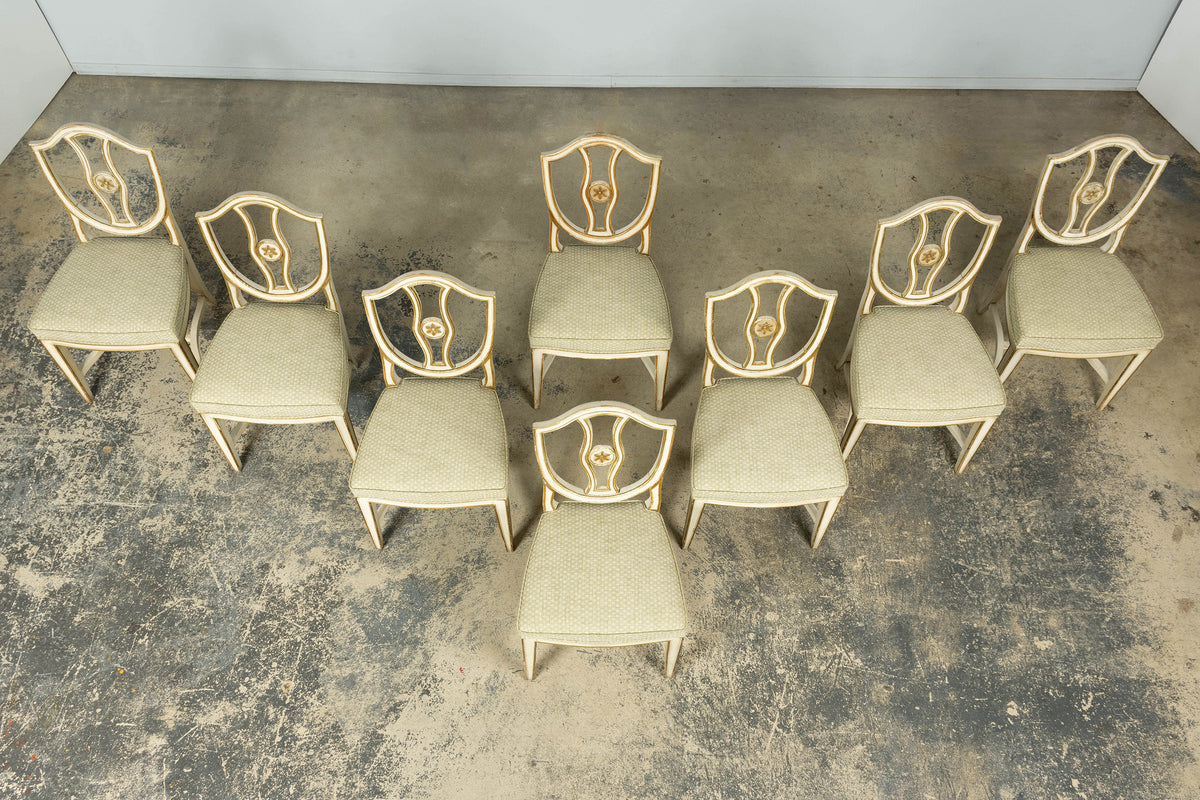 Set of 8 Late 19th Century Gustavian Style Chairs in Olive Green Floral Fabric