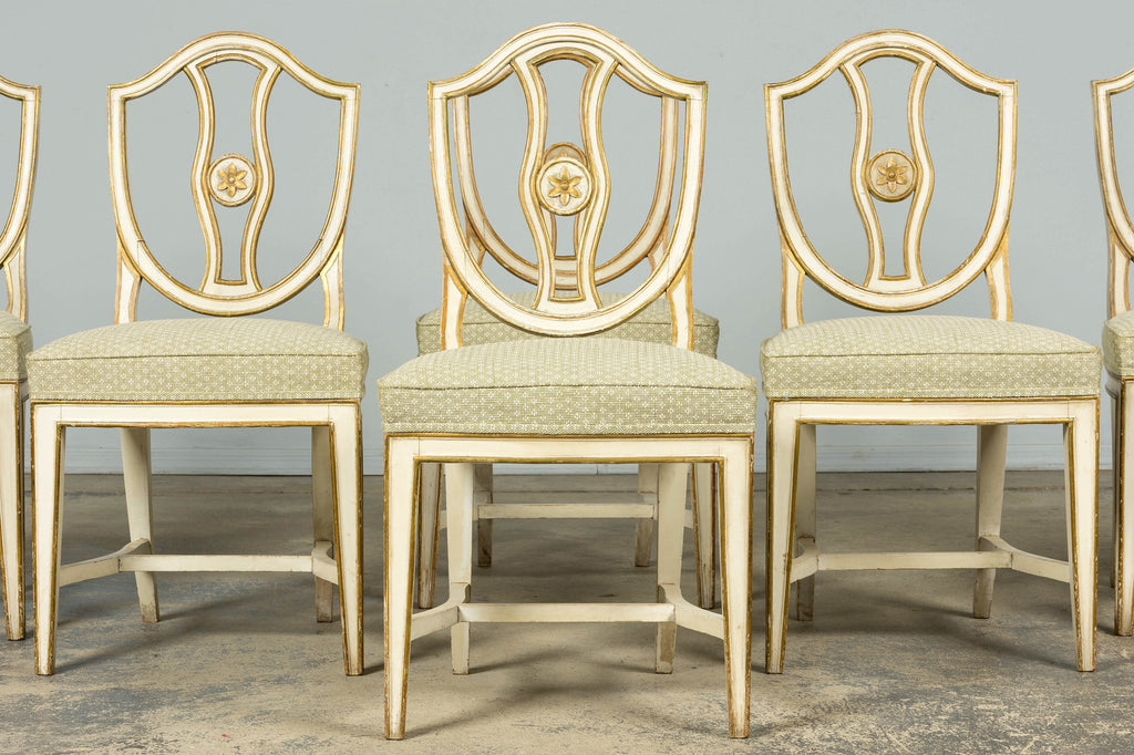 Set of 8 Late 19th Century Gustavian Style Chairs in Olive Green Floral Fabric