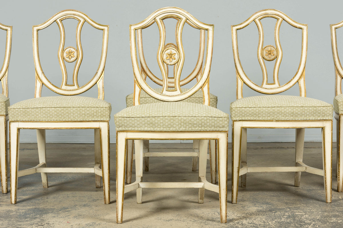 Set of 8 Late 19th Century Gustavian Style Chairs in Olive Green Floral Fabric
