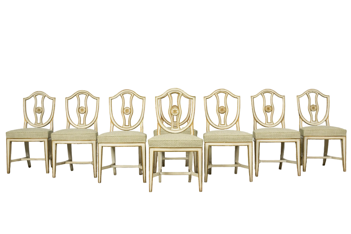 Set of 8 Late 19th Century Gustavian Style Chairs in Olive Green Floral Fabric