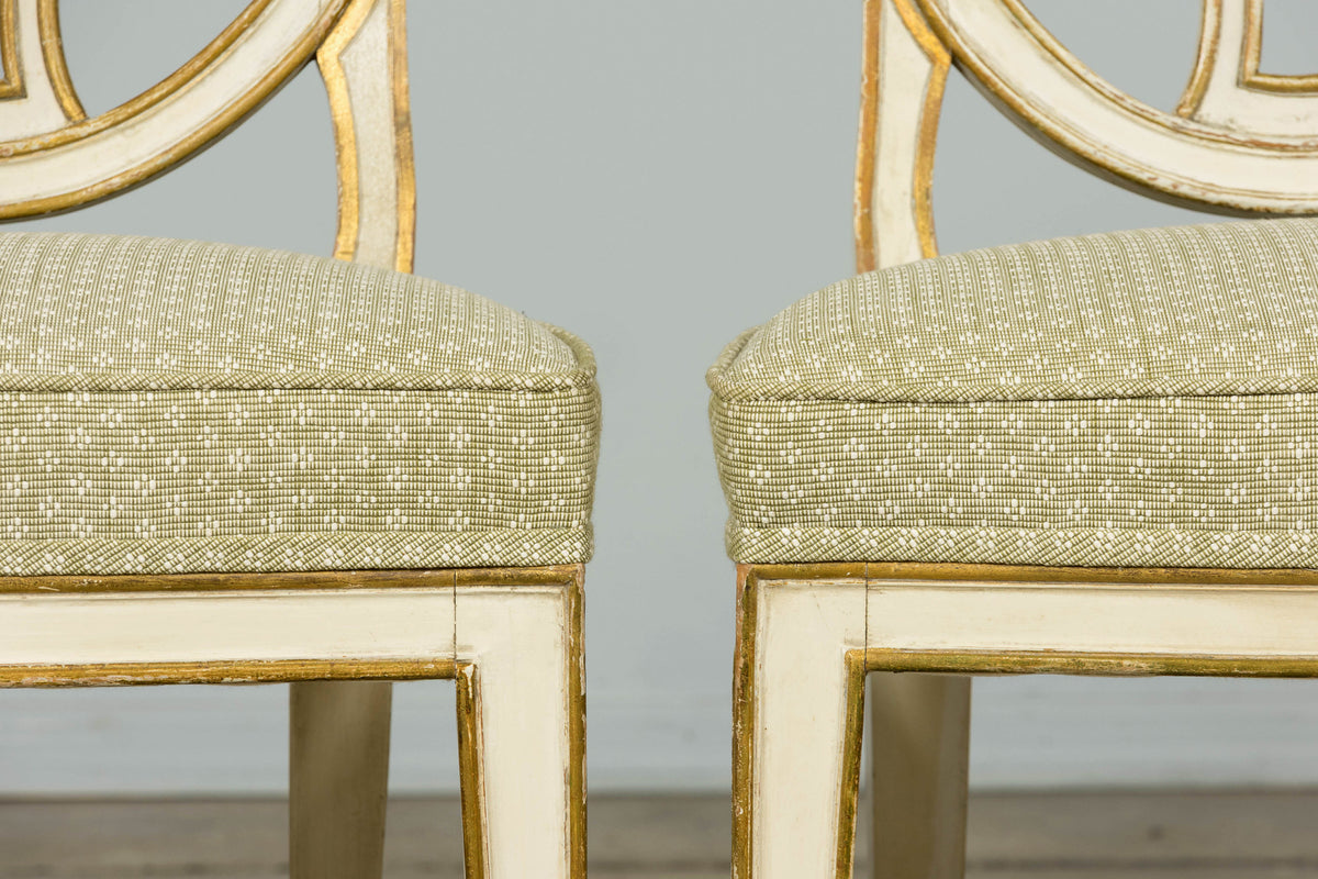 Set of 8 Late 19th Century Gustavian Style Chairs in Olive Green Floral Fabric