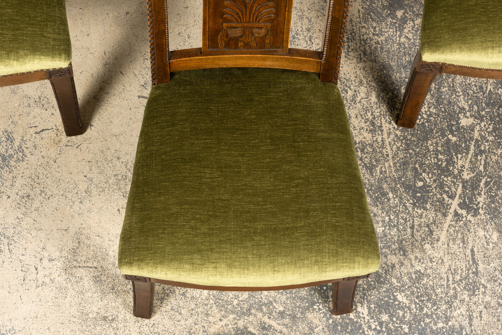 Set of 10 Mid-19th Century French Directoire Walnut Dining Chairs in Olive Green