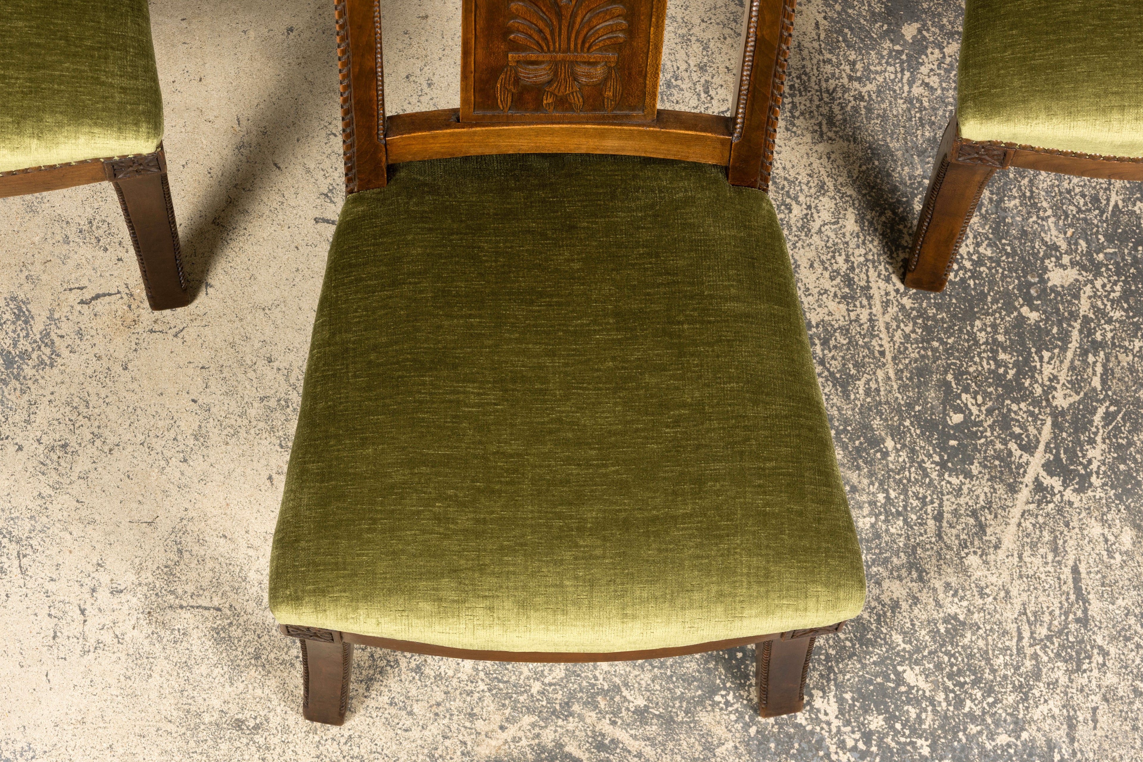 Set of 10 Mid-19th Century French Directoire Walnut Dining Chairs in Olive Green