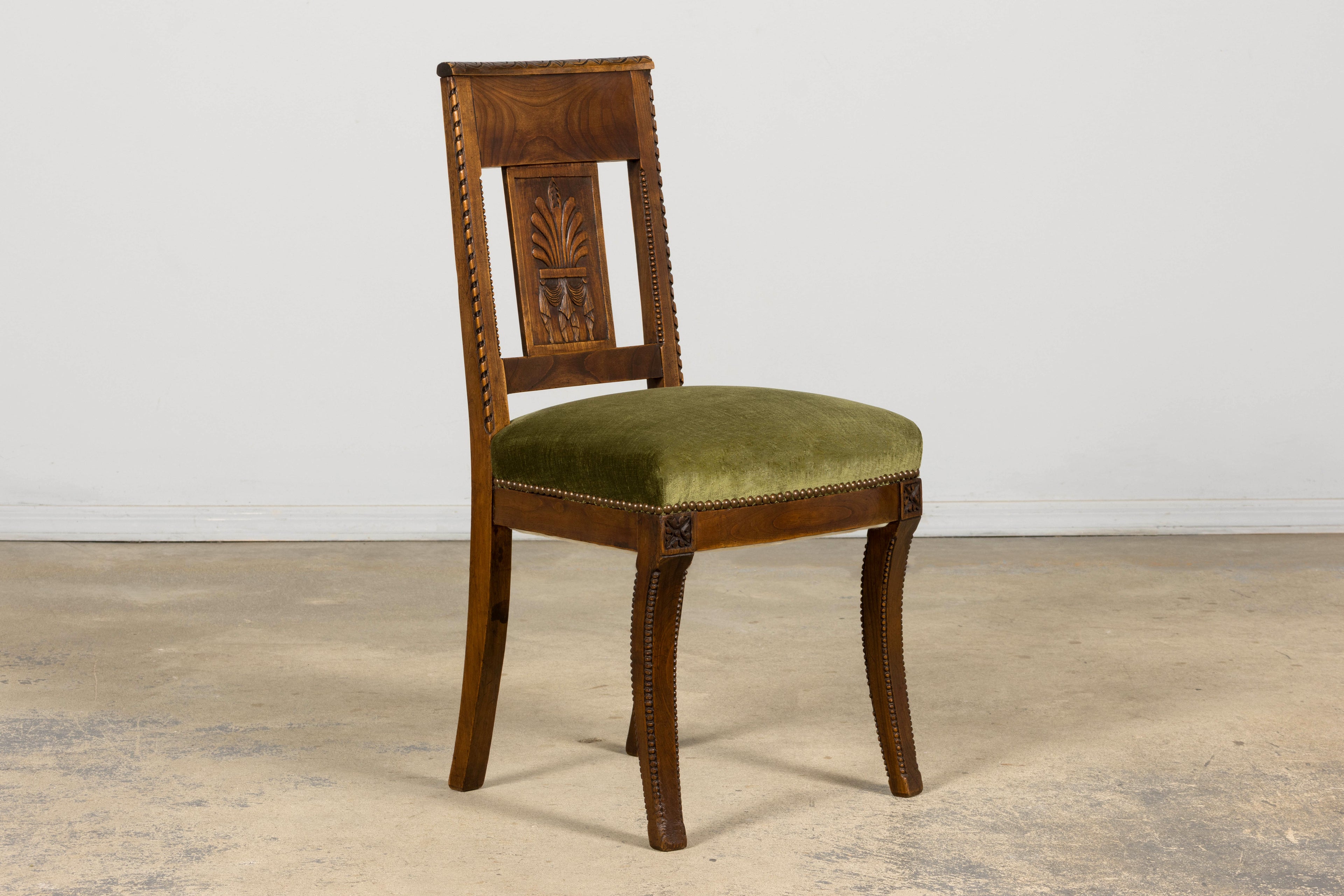 Set of 10 Mid-19th Century French Directoire Walnut Dining Chairs in Olive Green