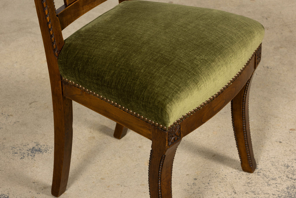 Set of 10 Mid-19th Century French Directoire Walnut Dining Chairs in Olive Green