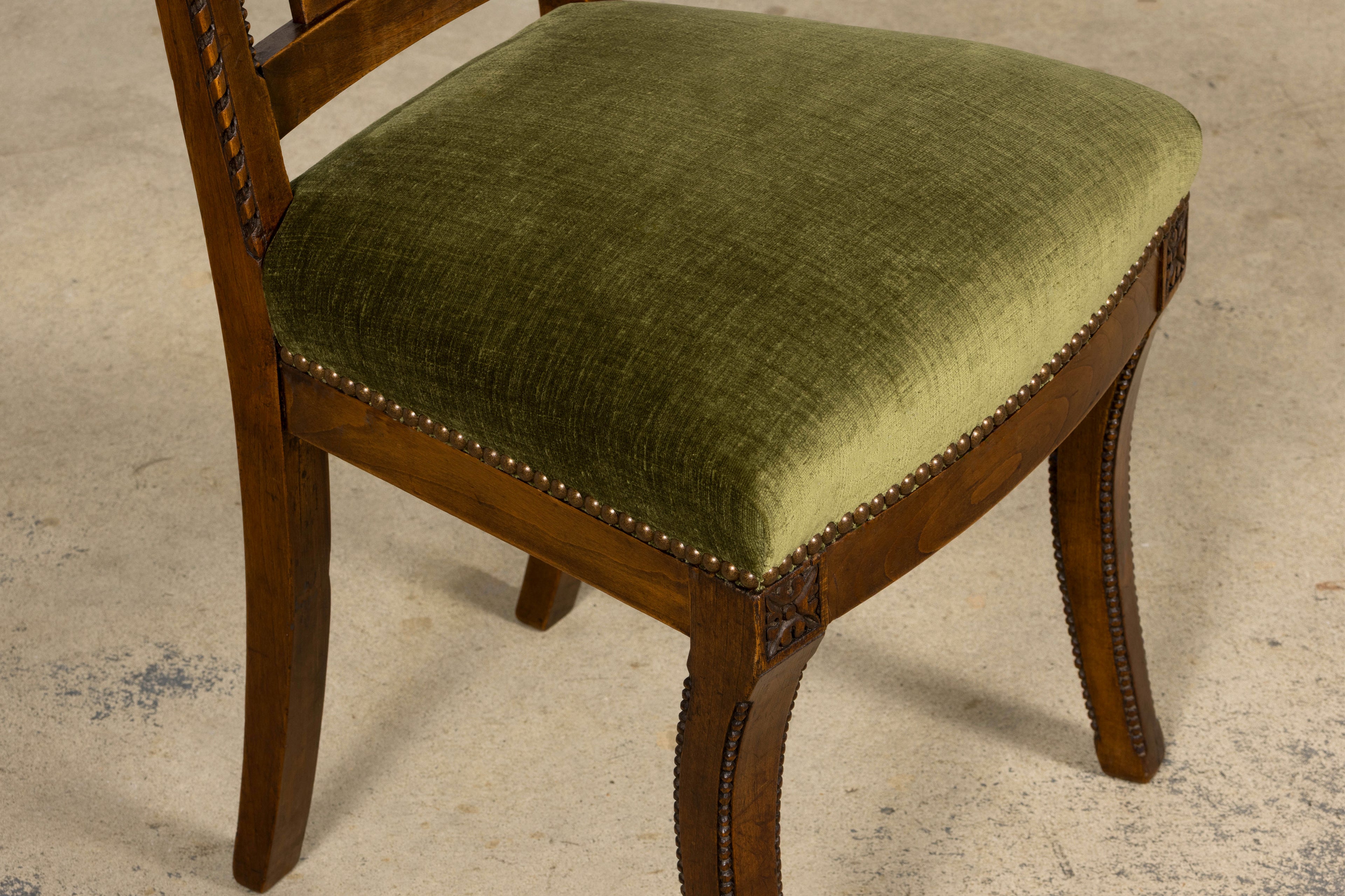 Set of 10 Mid-19th Century French Directoire Walnut Dining Chairs in Olive Green