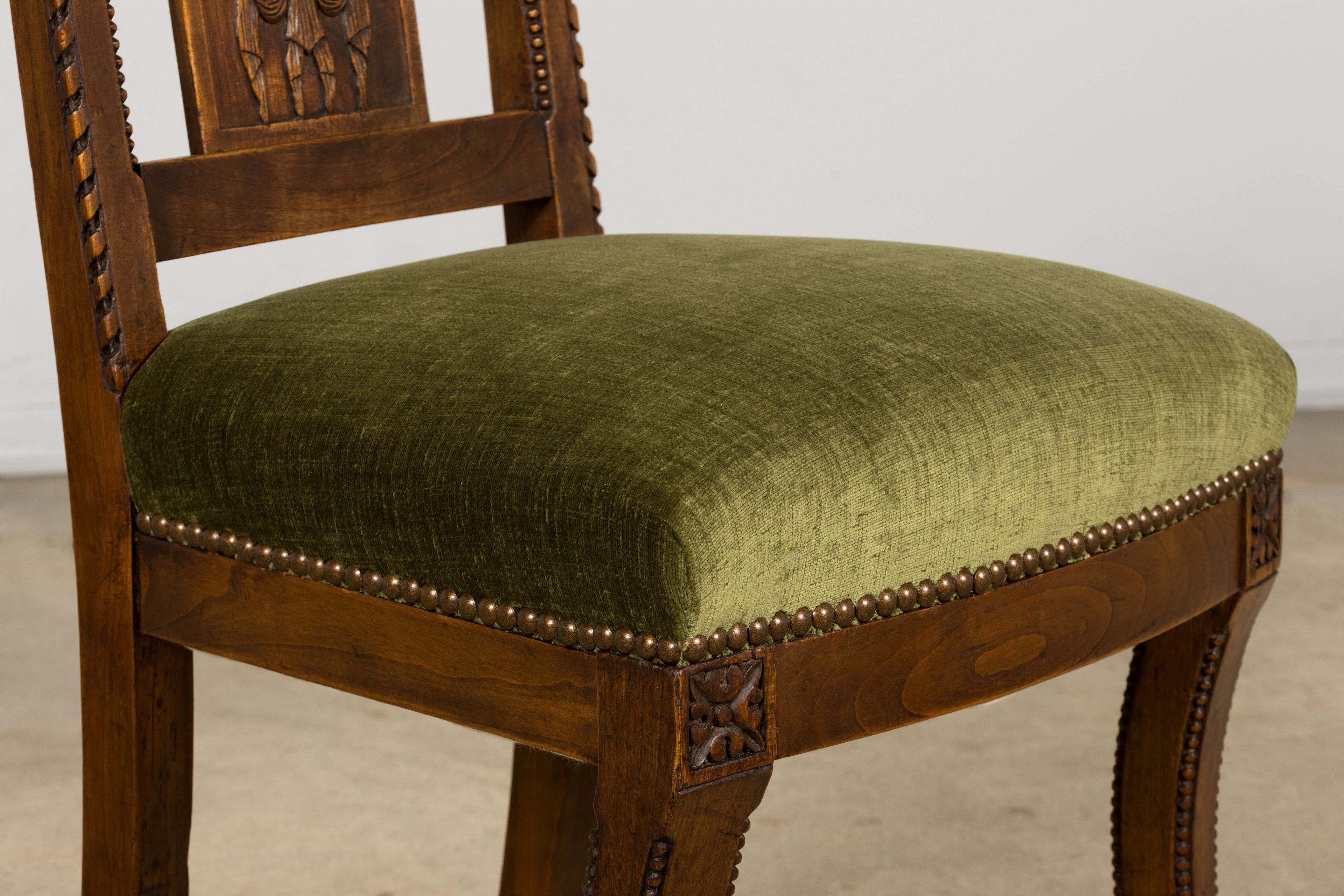 Set of 10 Mid-19th Century French Directoire Walnut Dining Chairs in Olive Green