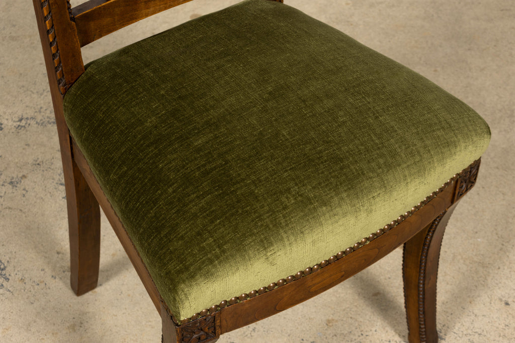 Set of 10 Mid-19th Century French Directoire Walnut Dining Chairs in Olive Green