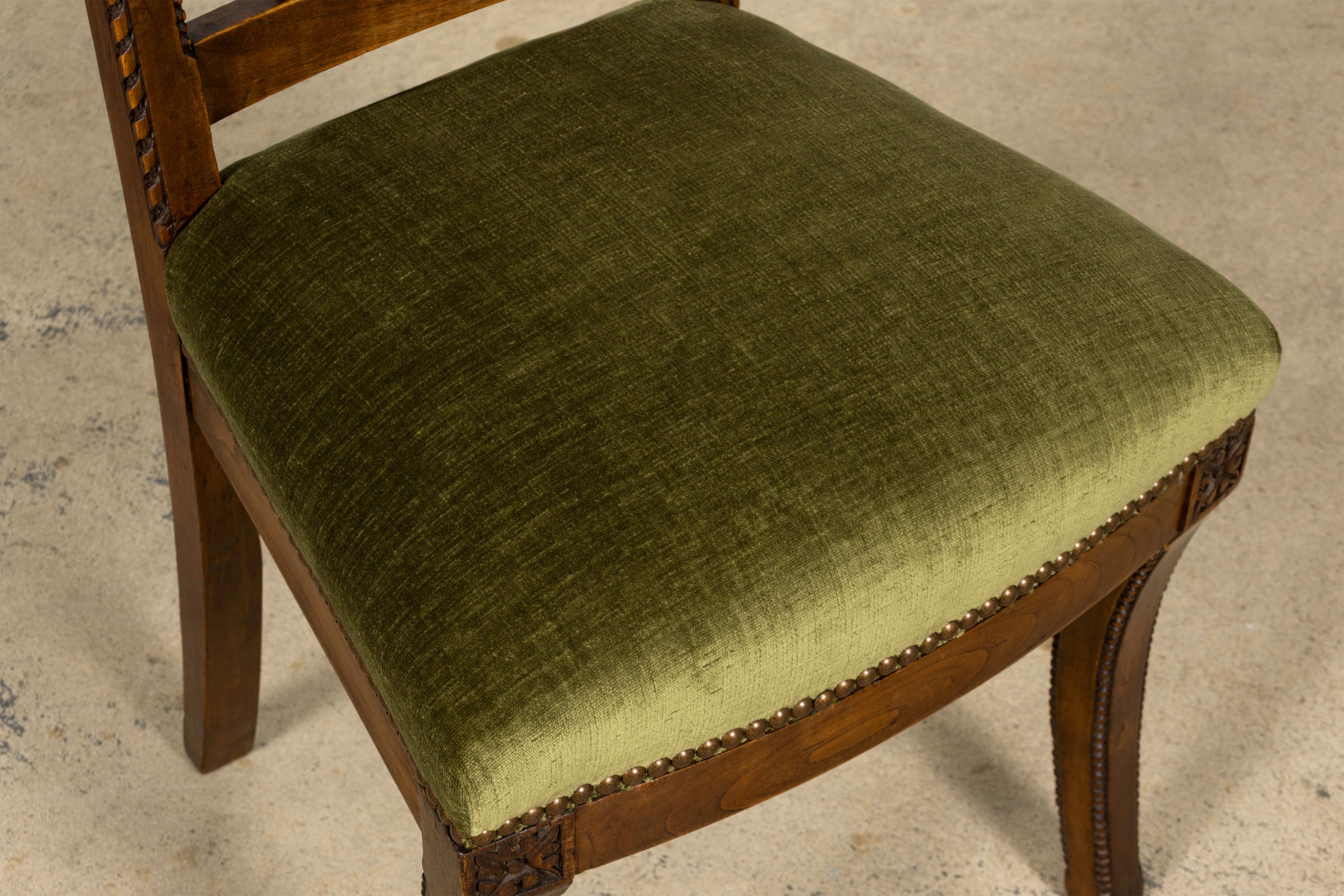 Set of 10 Mid-19th Century French Directoire Walnut Dining Chairs in Olive Green