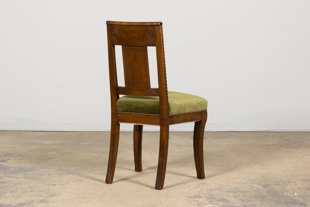 Set of 10 Mid-19th Century French Directoire Walnut Dining Chairs in Olive Green