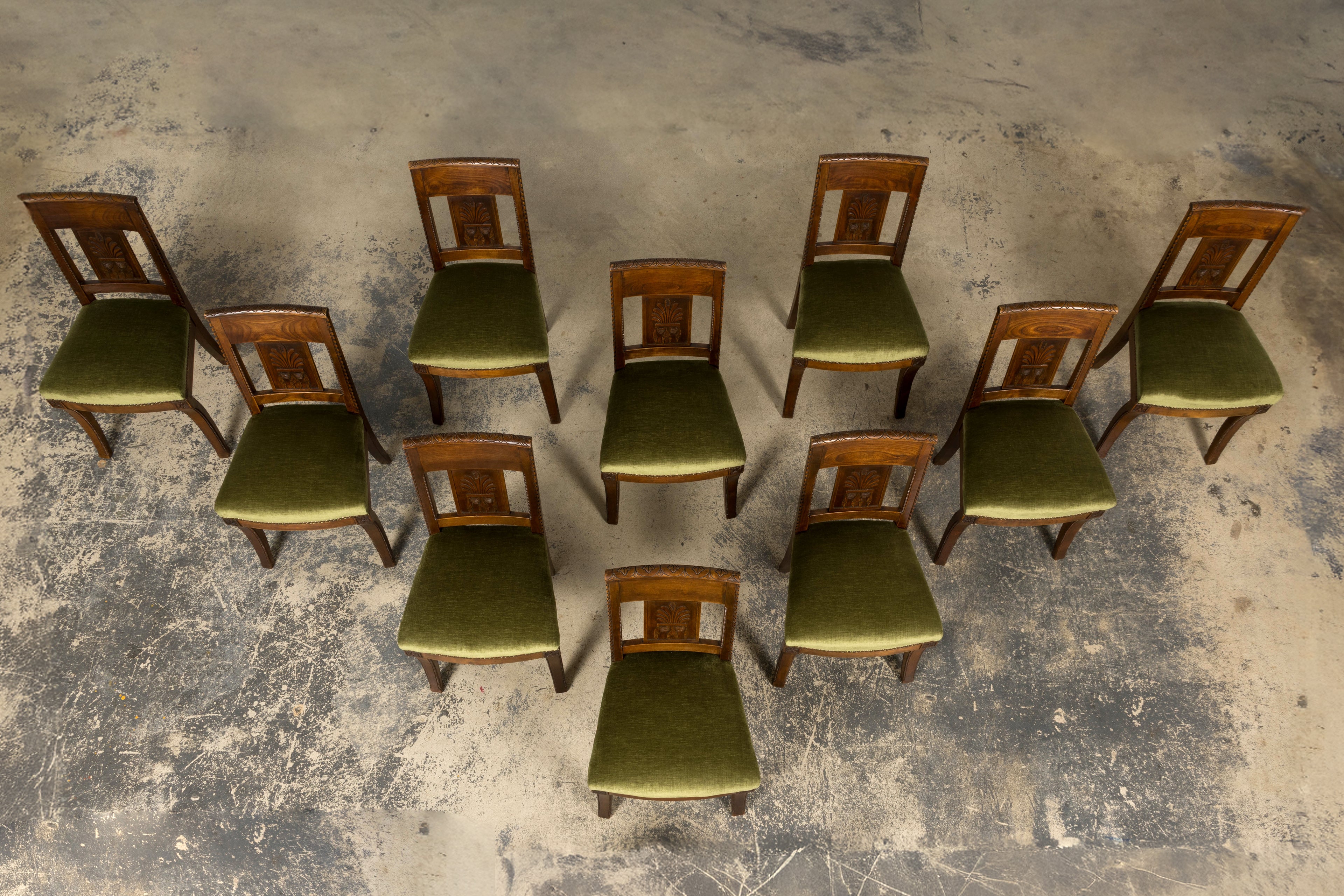 Set of 10 Mid-19th Century French Directoire Walnut Dining Chairs in Olive Green