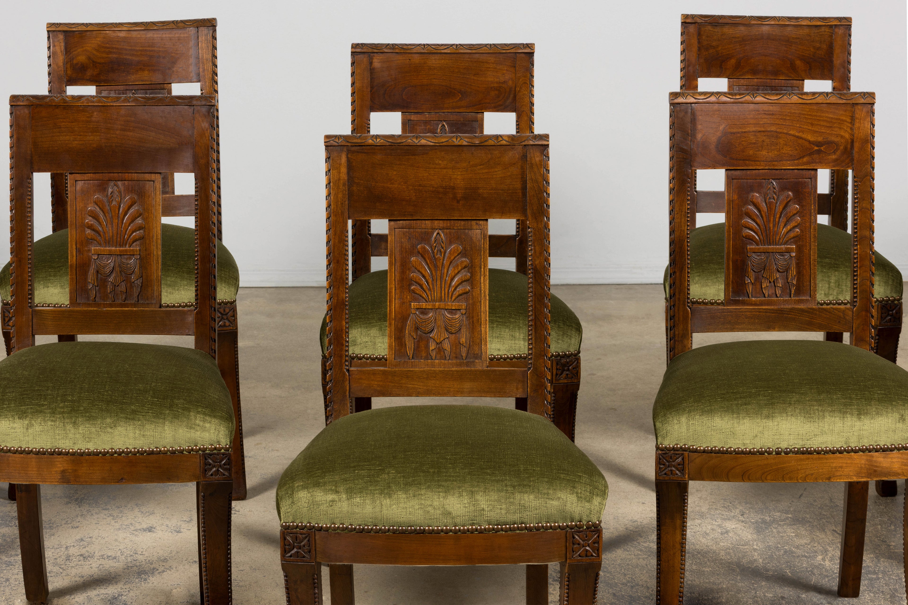 Set of 10 Mid-19th Century French Directoire Walnut Dining Chairs in Olive Green