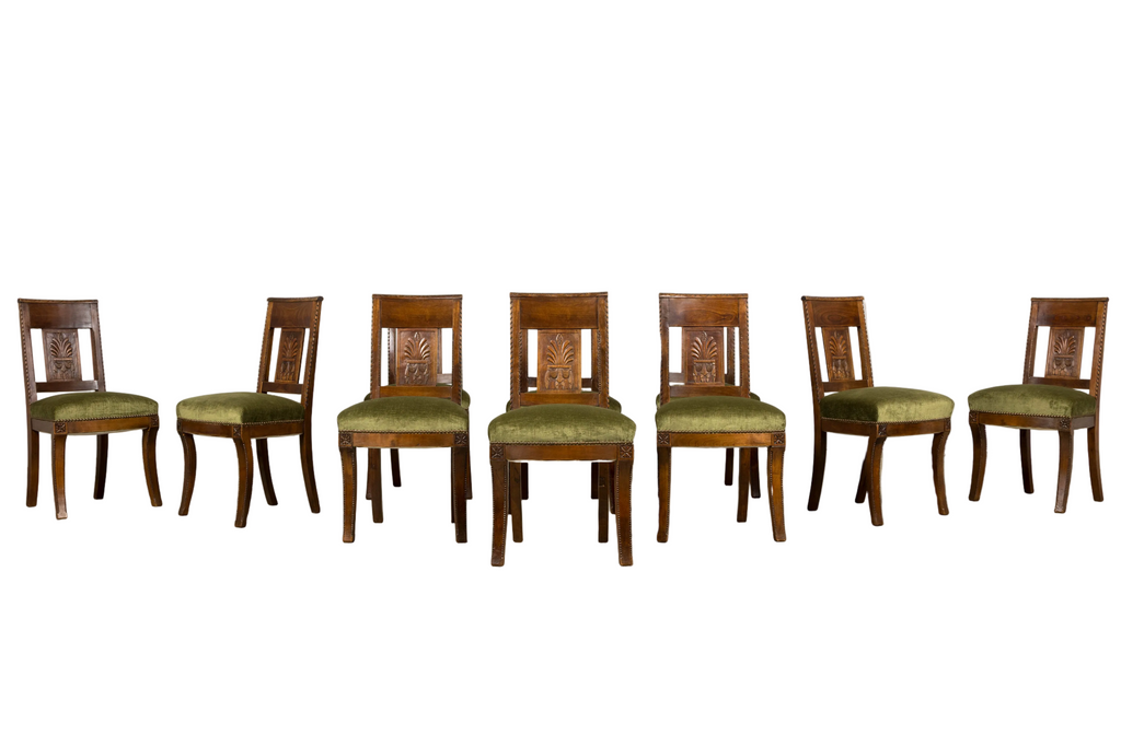 Set of 10 Mid-19th Century French Directoire Walnut Dining Chairs in Olive Green