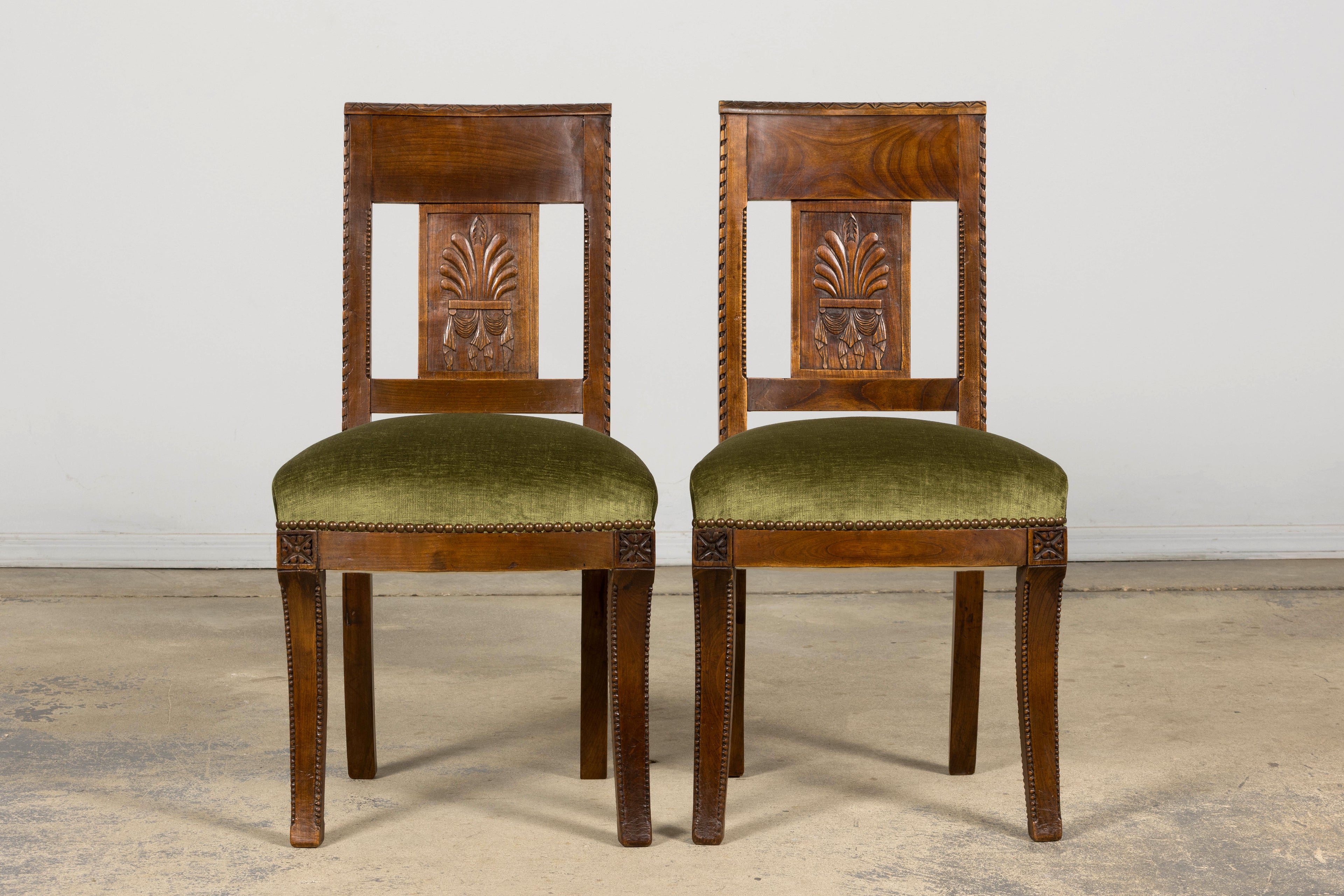 Set of 10 Mid-19th Century French Directoire Walnut Dining Chairs in Olive Green