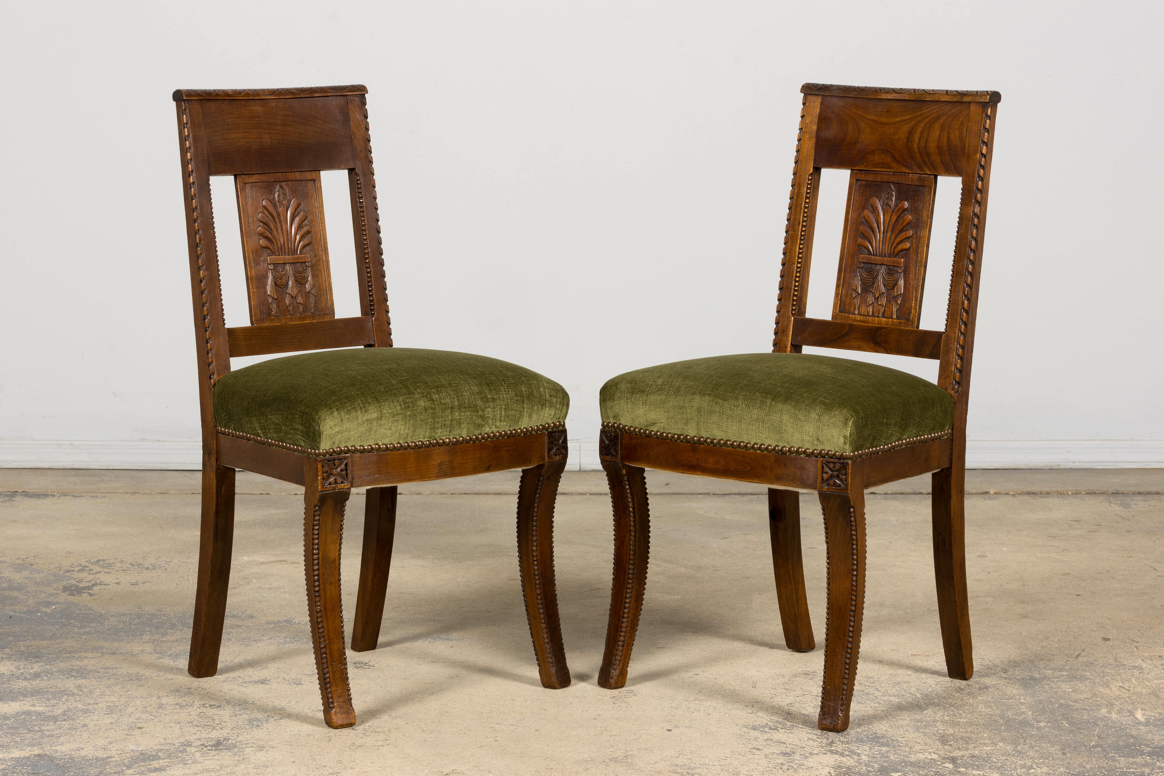 Set of 10 Mid-19th Century French Directoire Walnut Dining Chairs in Olive Green