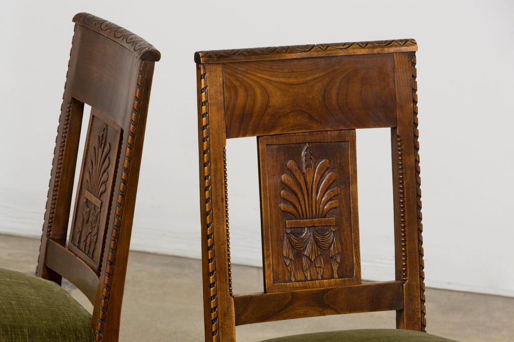 Set of 10 Mid-19th Century French Directoire Walnut Dining Chairs in Olive Green