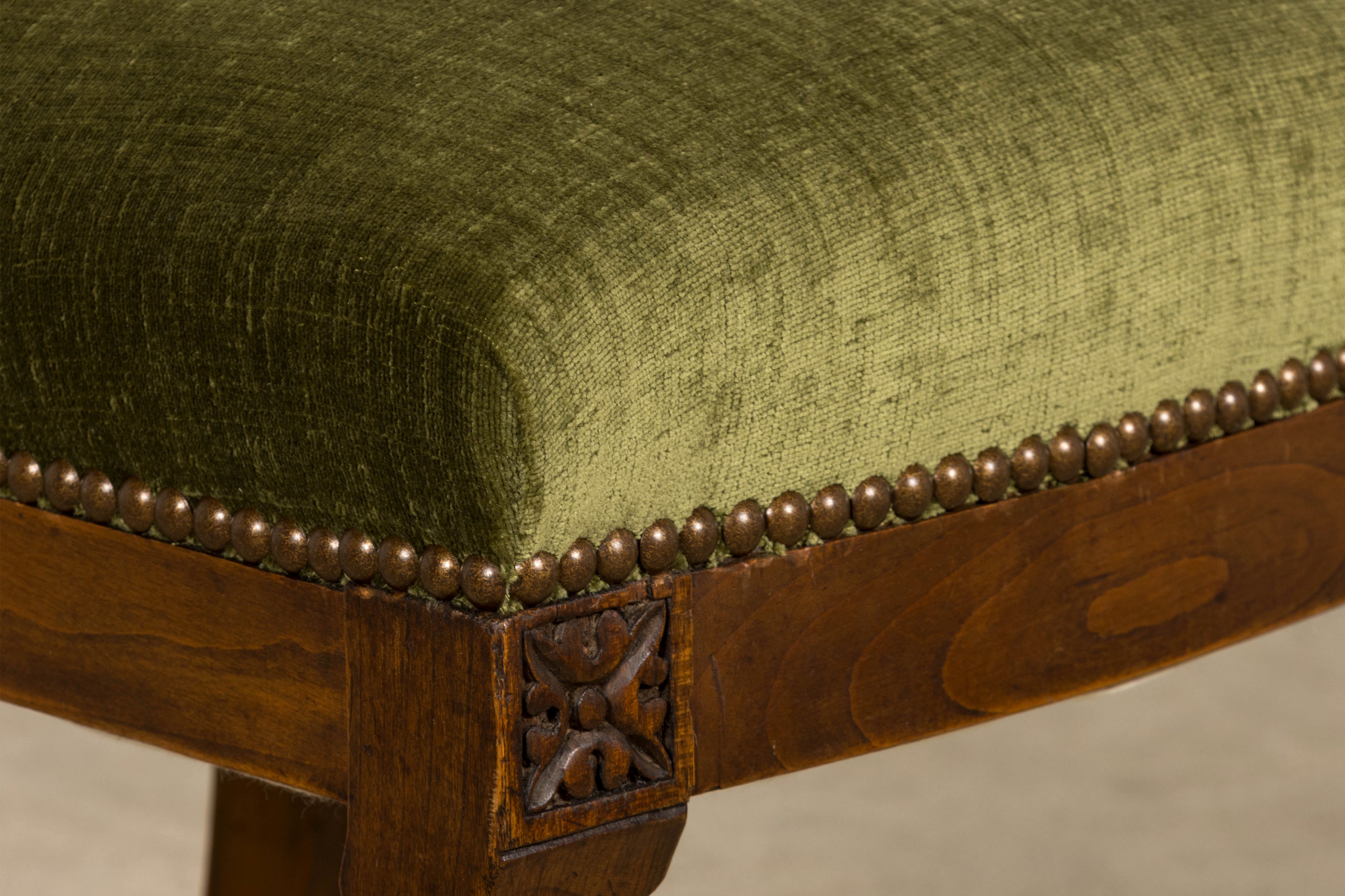 Set of 10 Mid-19th Century French Directoire Walnut Dining Chairs in Olive Green