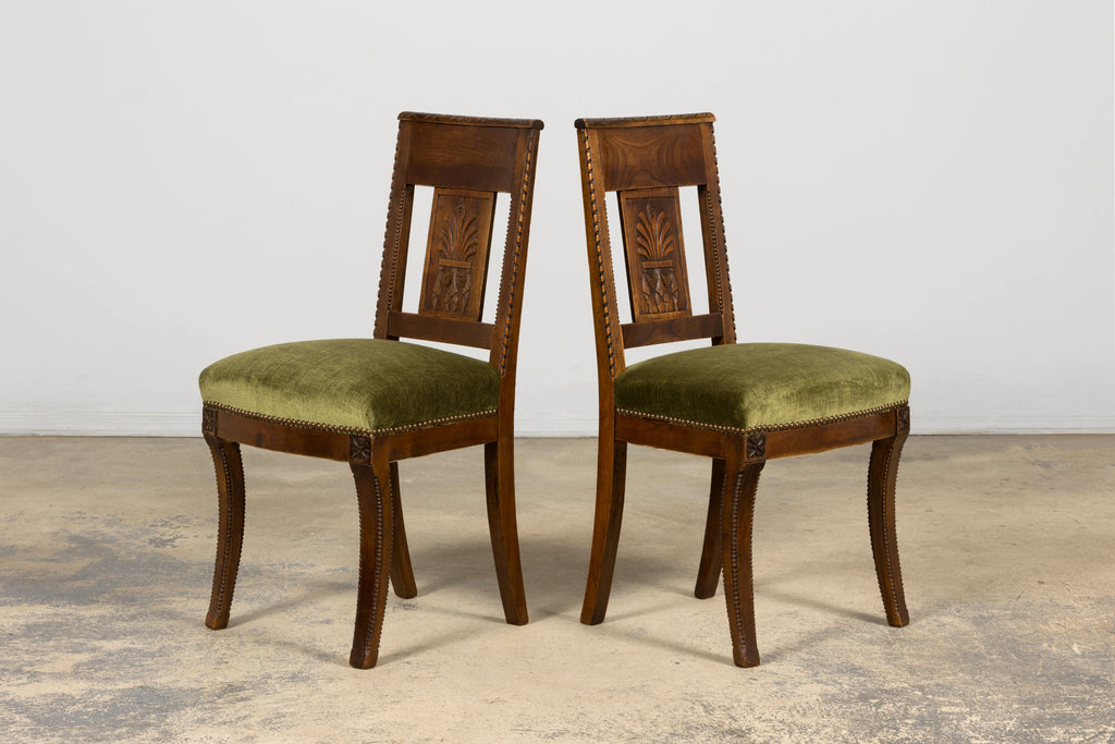Set of 10 Mid-19th Century French Directoire Walnut Dining Chairs in Olive Green