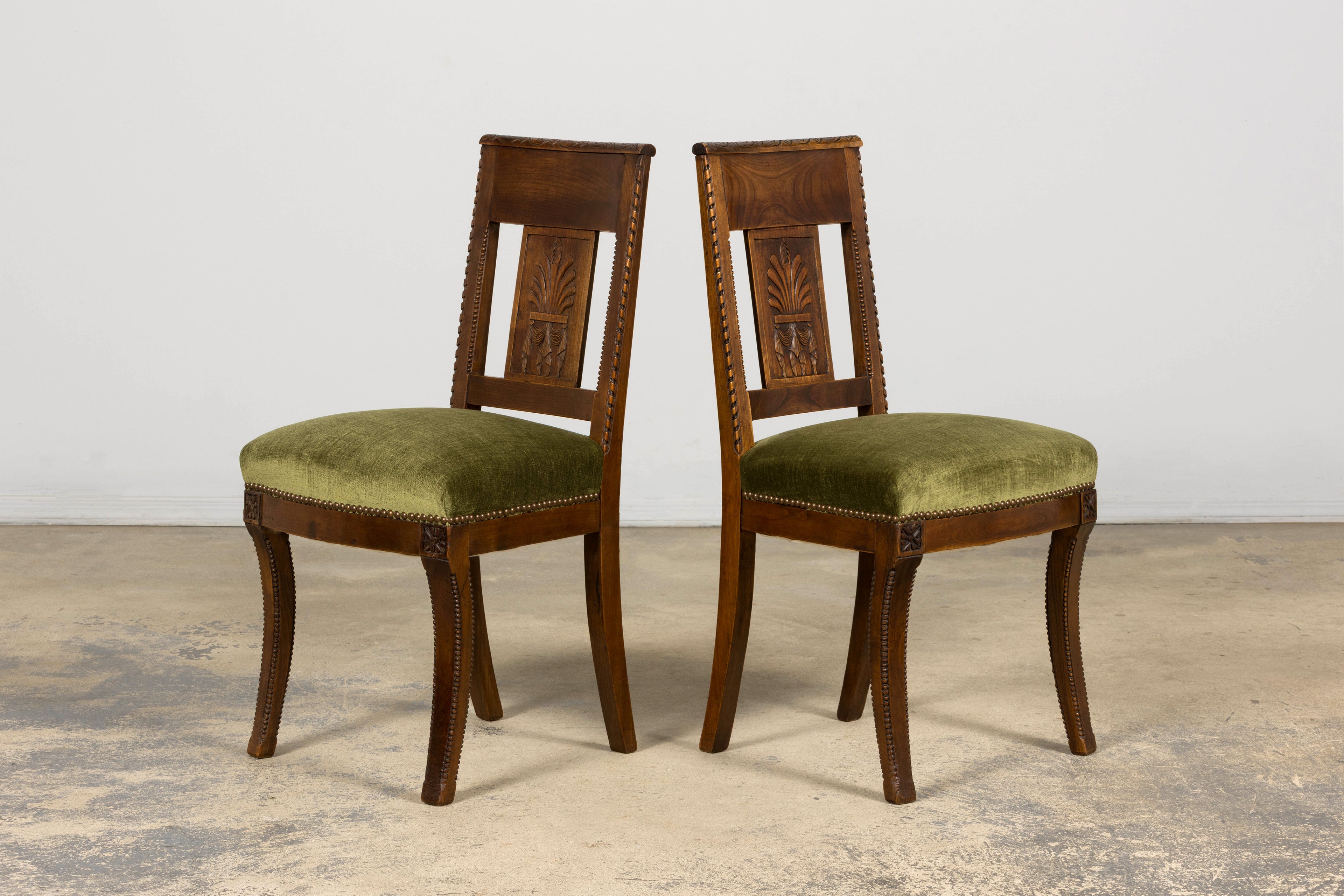 Set of 10 Mid-19th Century French Directoire Walnut Dining Chairs in Olive Green