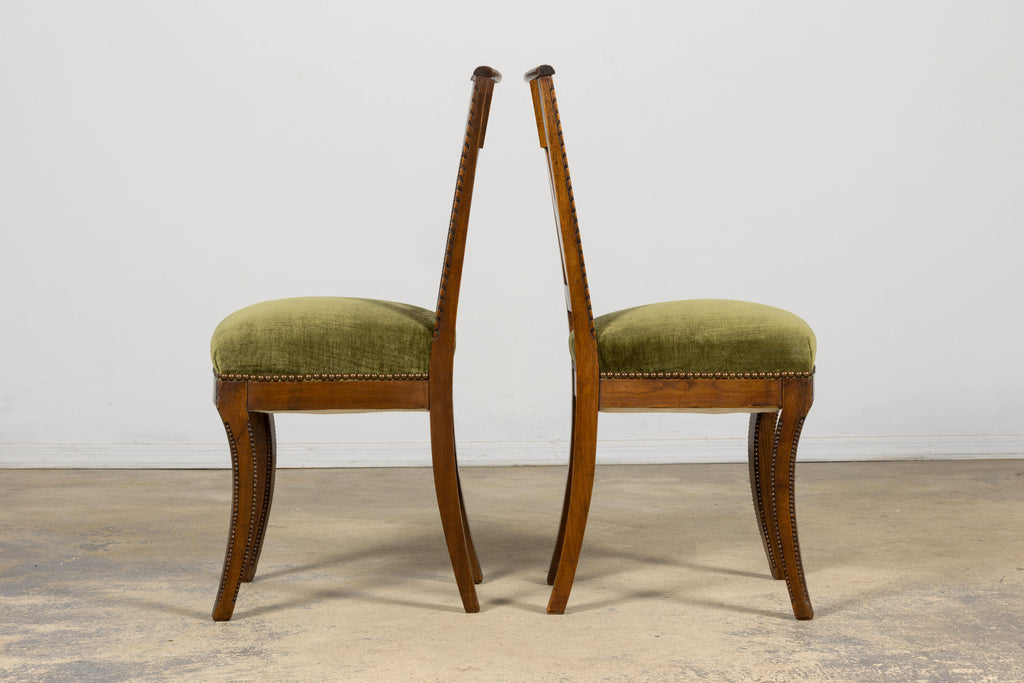 Set of 10 Mid-19th Century French Directoire Walnut Dining Chairs in Olive Green