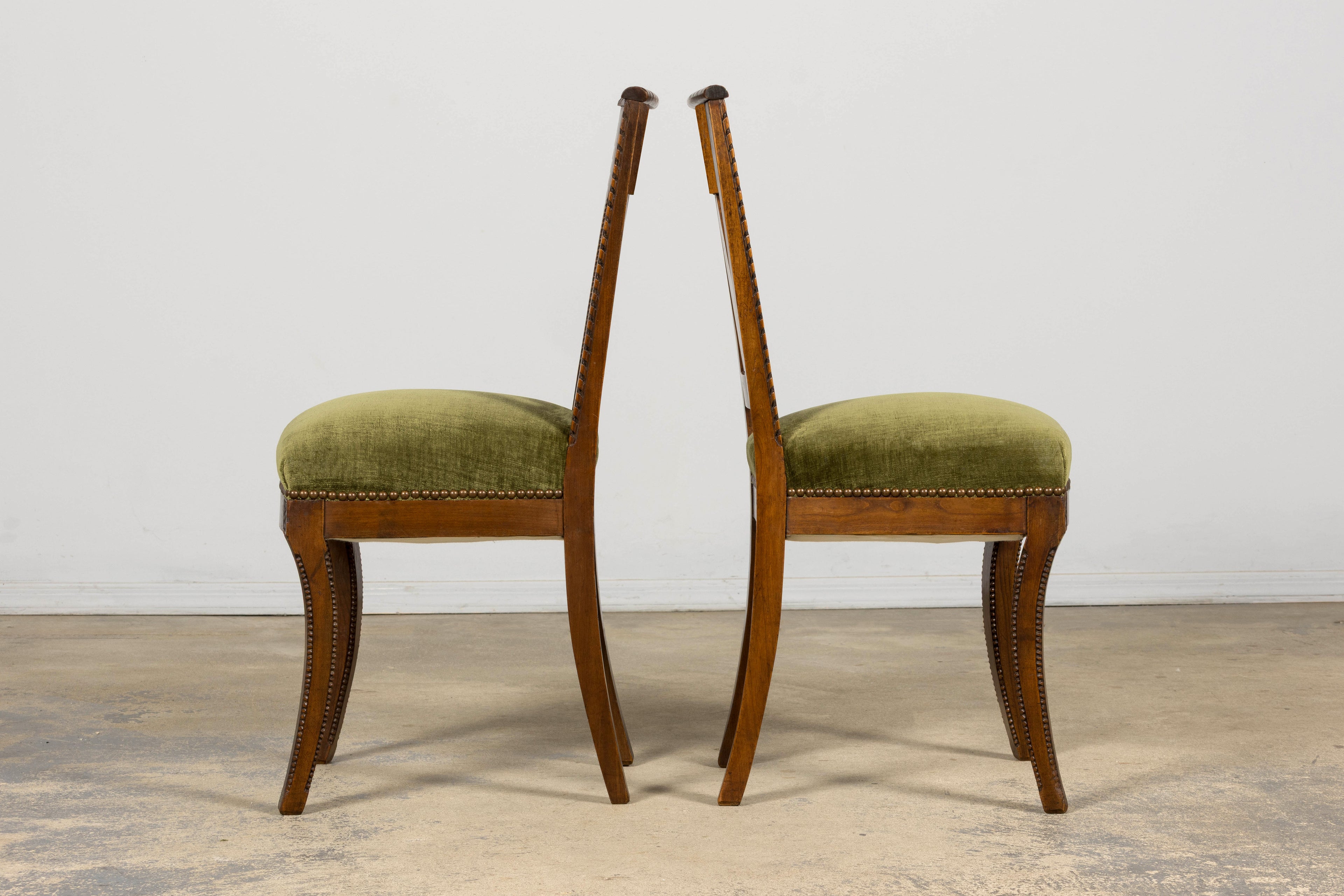 Set of 10 Mid-19th Century French Directoire Walnut Dining Chairs in Olive Green