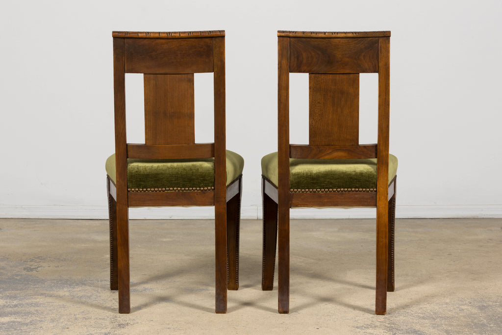 Set of 10 Mid-19th Century French Directoire Walnut Dining Chairs in Olive Green