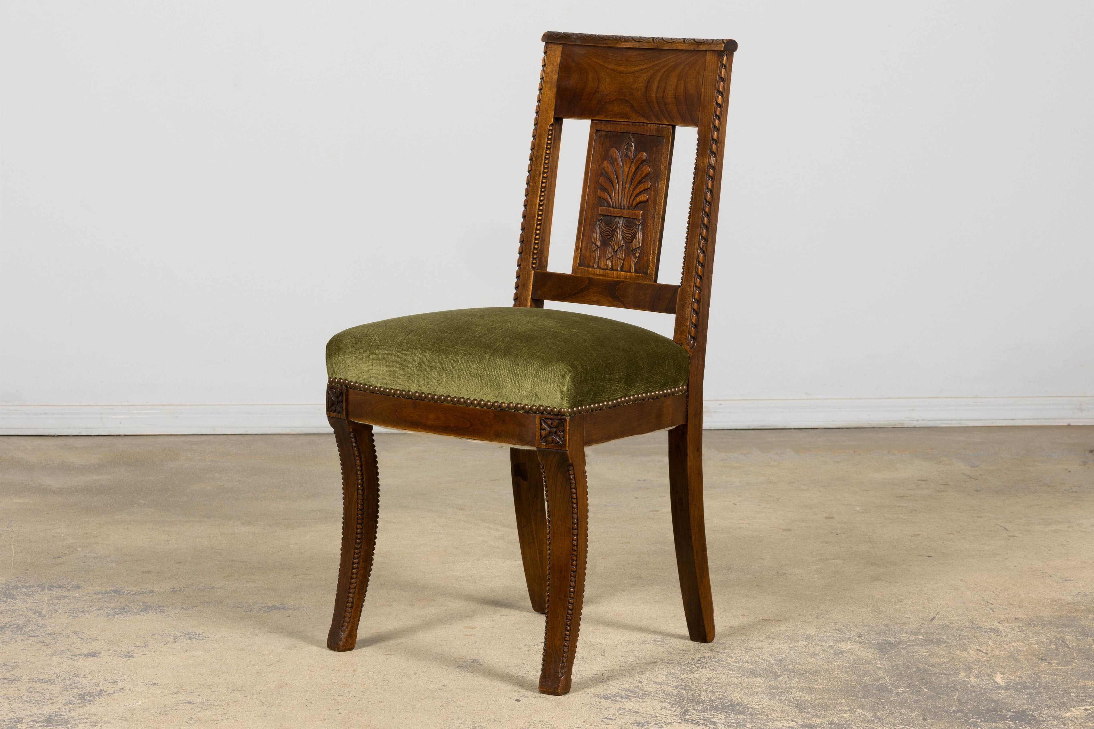 Set of 10 Mid-19th Century French Directoire Walnut Dining Chairs in Olive Green