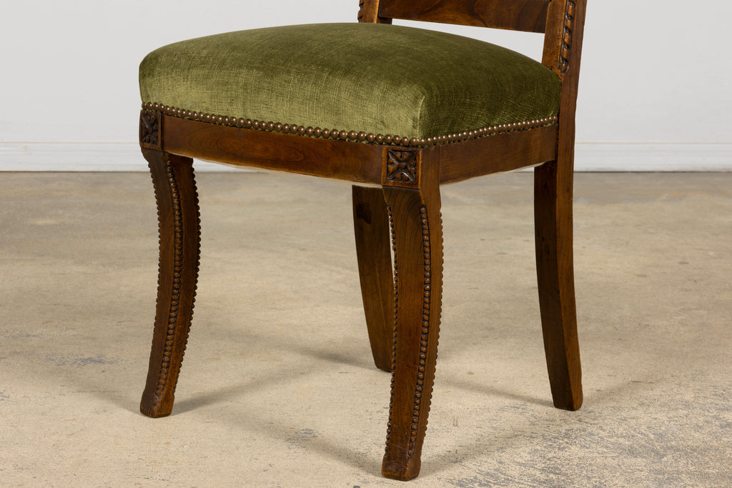 Set of 10 Mid-19th Century French Directoire Walnut Dining Chairs in Olive Green