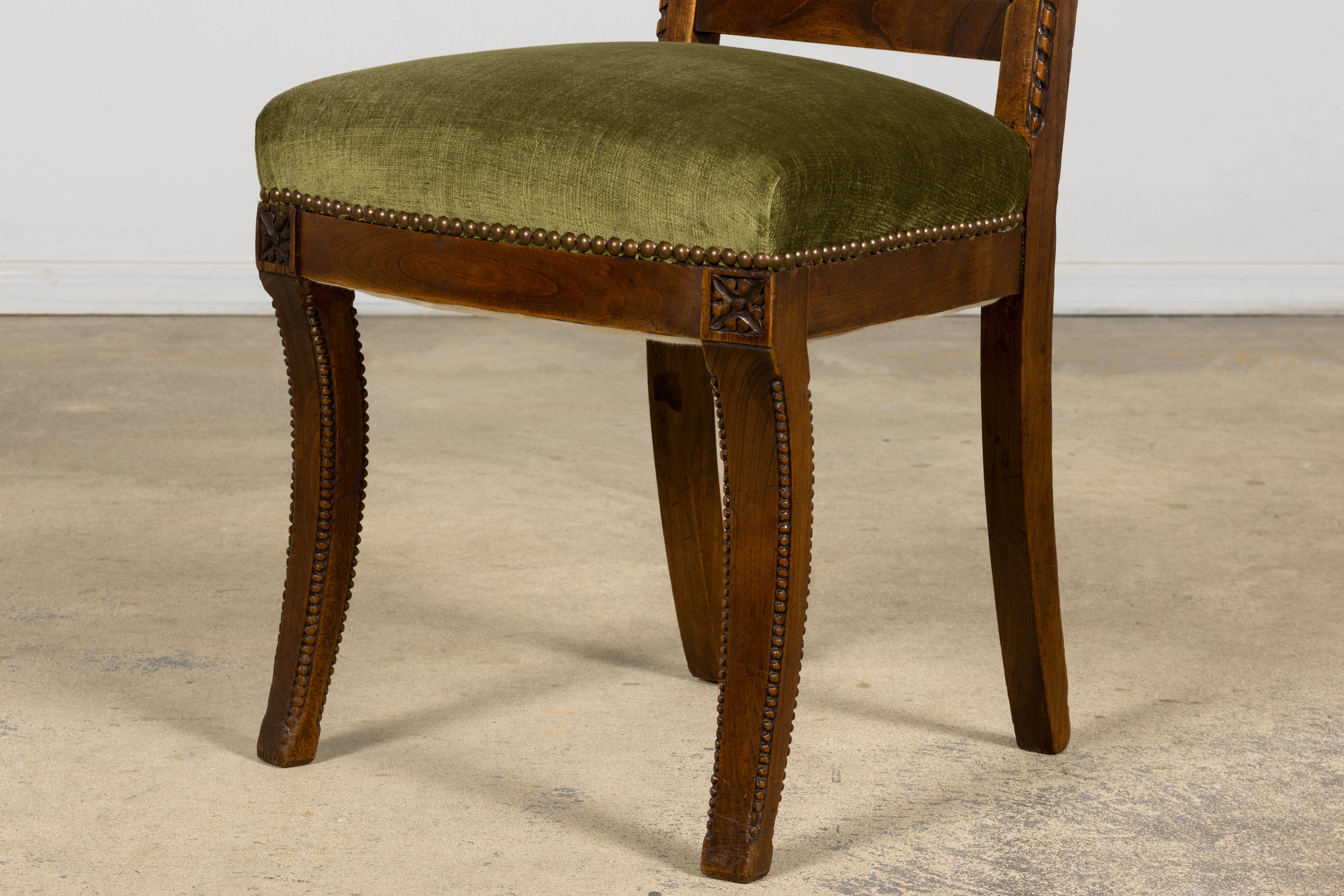 Set of 10 Mid-19th Century French Directoire Walnut Dining Chairs in Olive Green