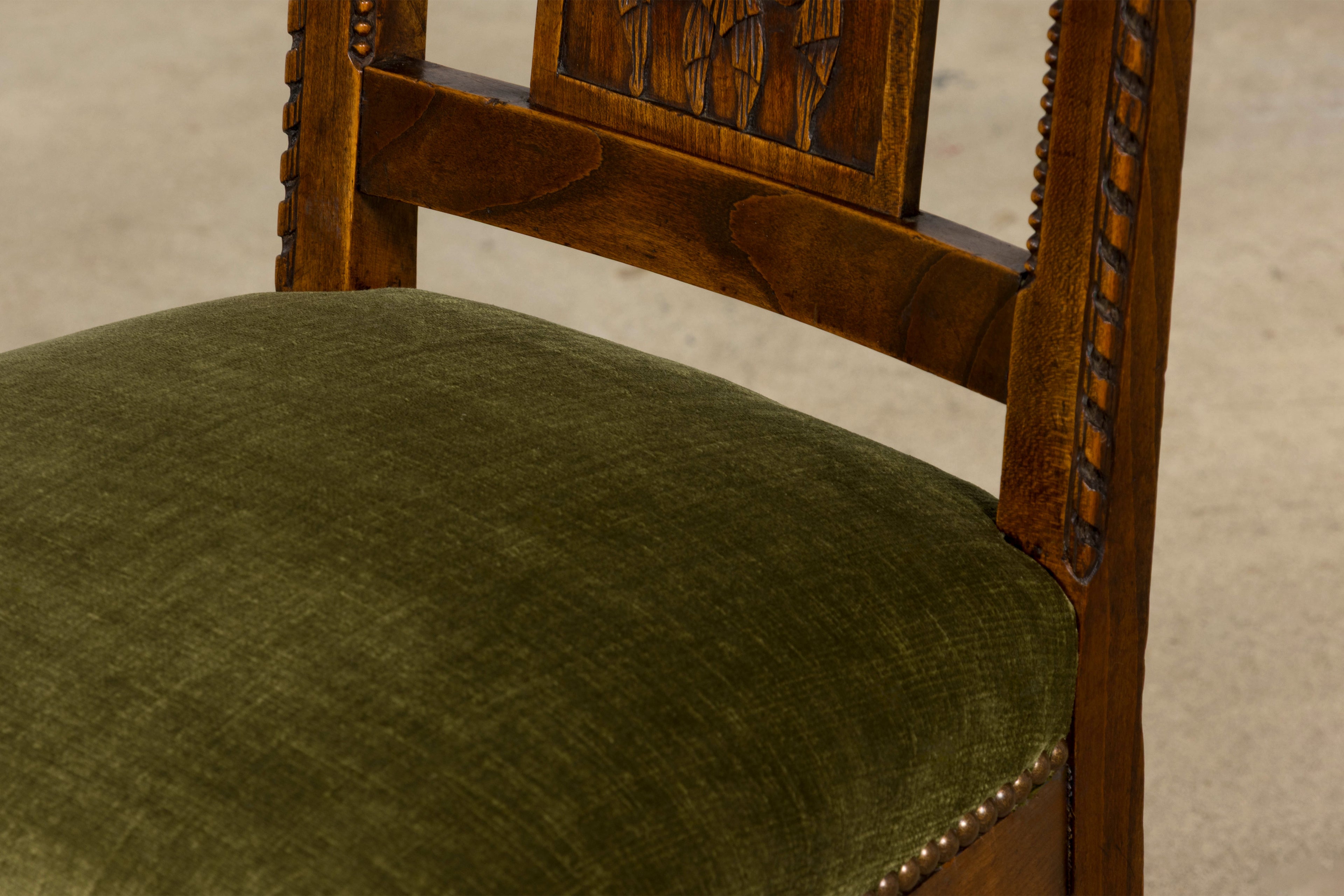 Set of 10 Mid-19th Century French Directoire Walnut Dining Chairs in Olive Green