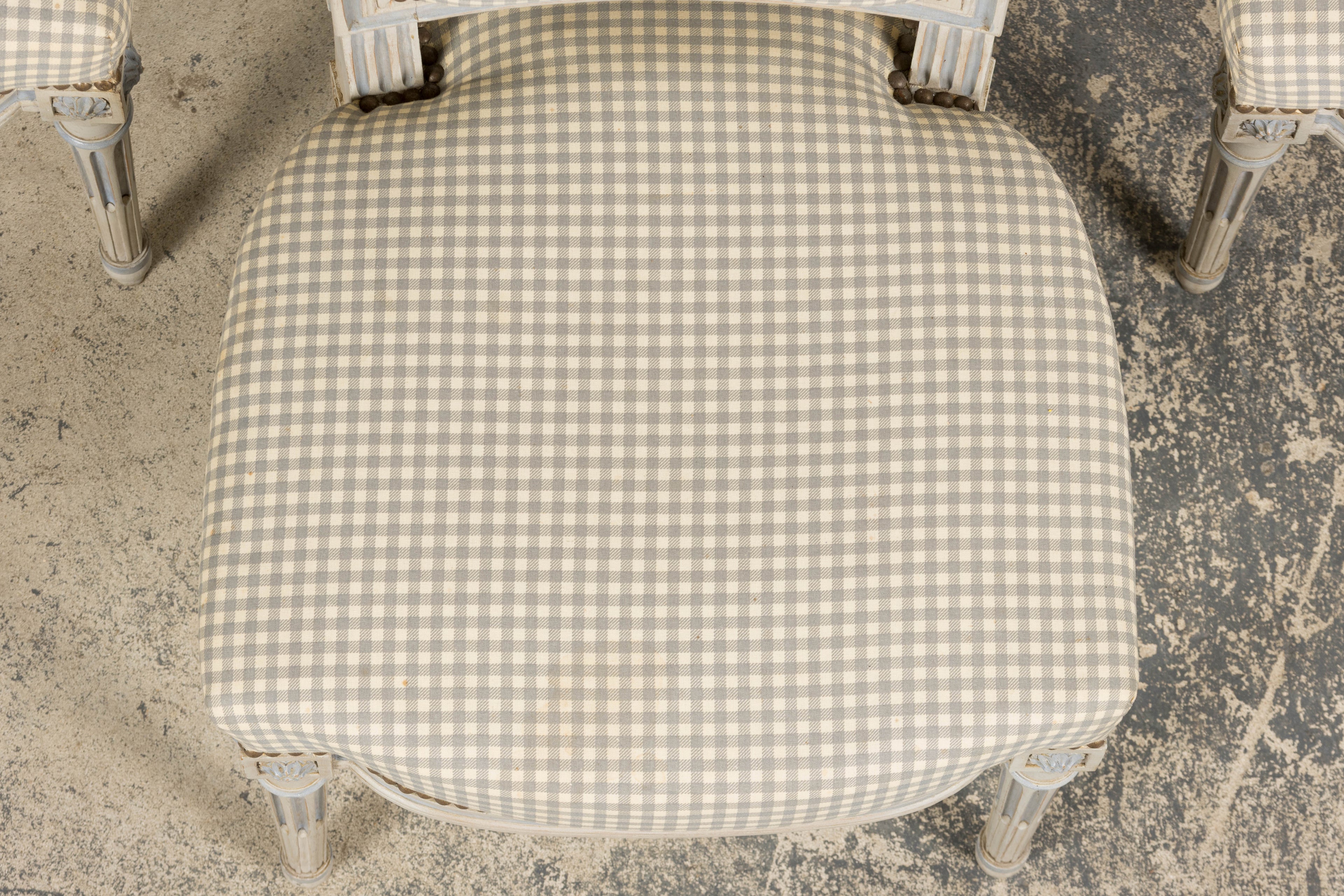 Set of Eight Early 20th Century French Louis XVI Style Painted Dining Chairs with Gingham Upholstery, Paris