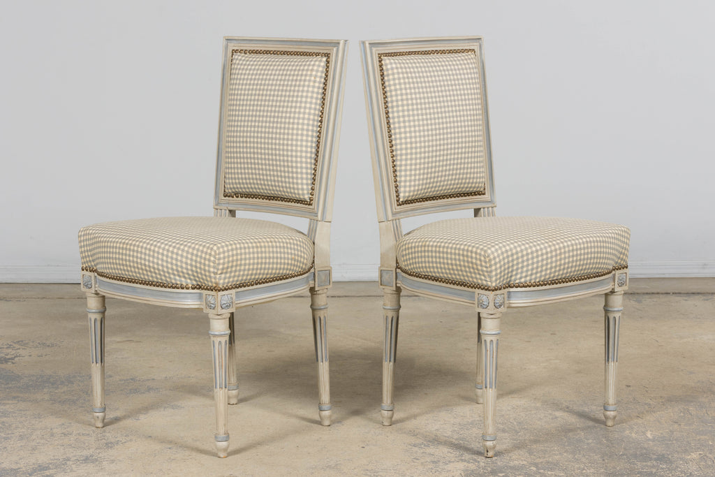 Set of Eight Early 20th Century French Louis XVI Style Painted Dining Chairs with Gingham Upholstery, Paris