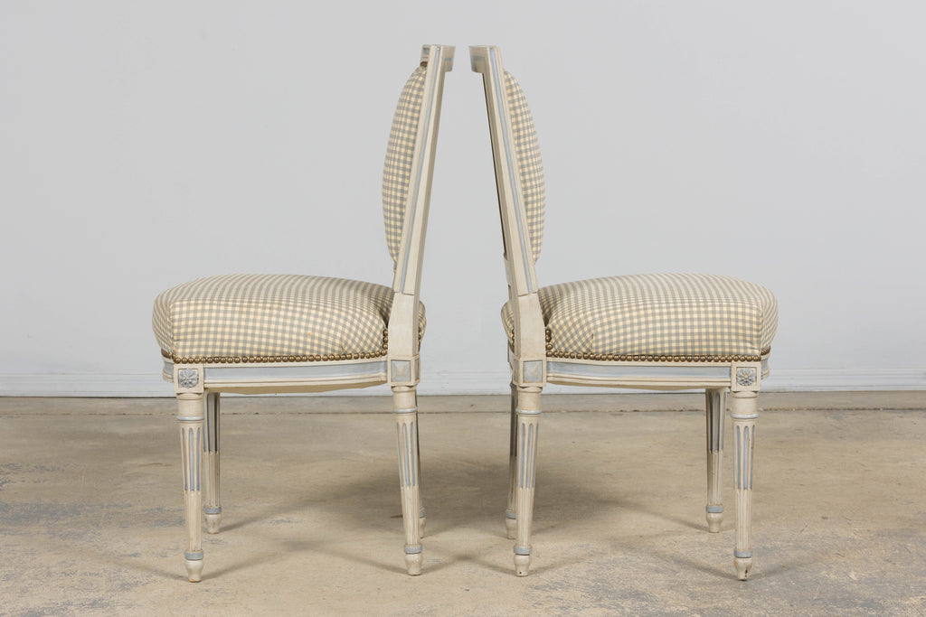 Set of Eight Early 20th Century French Louis XVI Style Painted Dining Chairs with Gingham Upholstery, Paris