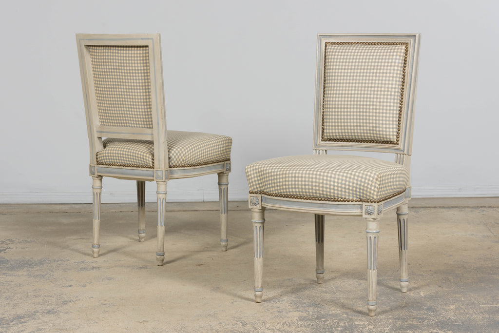 Set of Eight Early 20th Century French Louis XVI Style Painted Dining Chairs with Gingham Upholstery, Paris