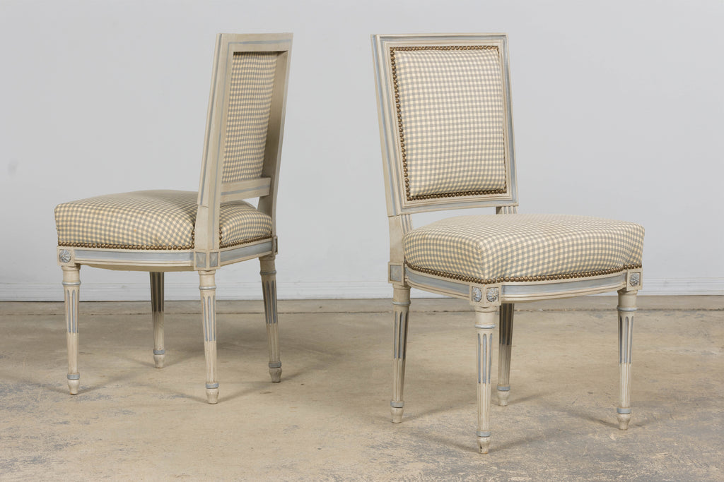 Set of Eight Early 20th Century French Louis XVI Style Painted Dining Chairs with Gingham Upholstery, Paris