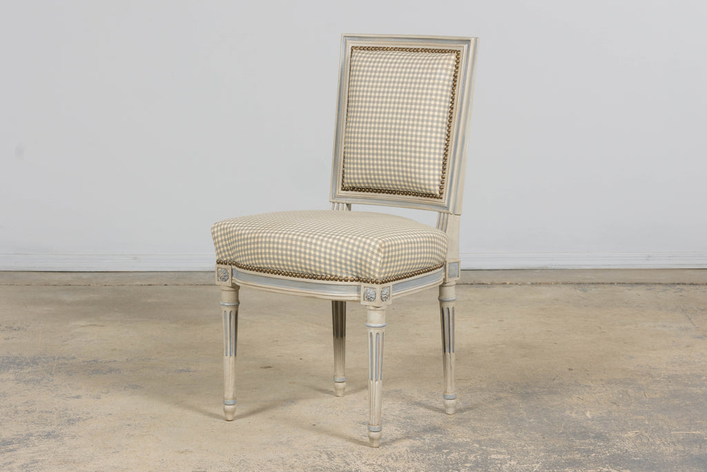 Set of Eight Early 20th Century French Louis XVI Style Painted Dining Chairs with Gingham Upholstery, Paris