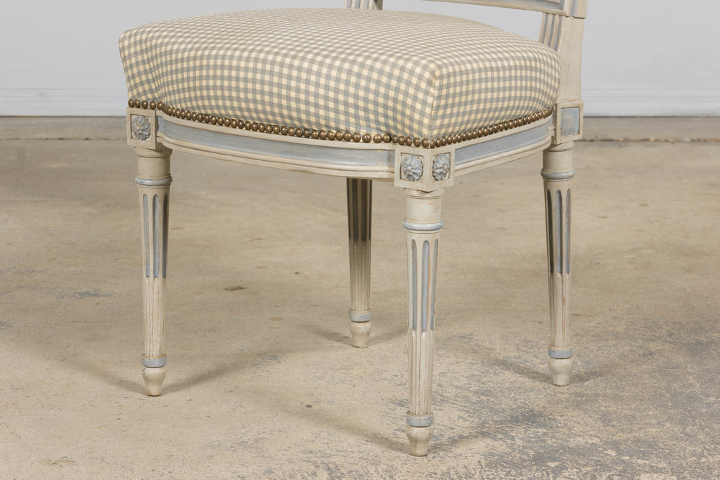 Set of Eight Early 20th Century French Louis XVI Style Painted Dining Chairs with Gingham Upholstery, Paris