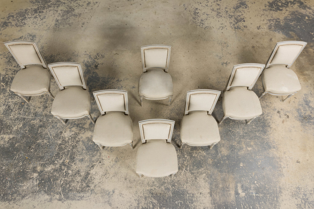 Set of Eight Early 20th Century French Louis XVI Style Painted Dining Chairs with Gingham Upholstery, Paris