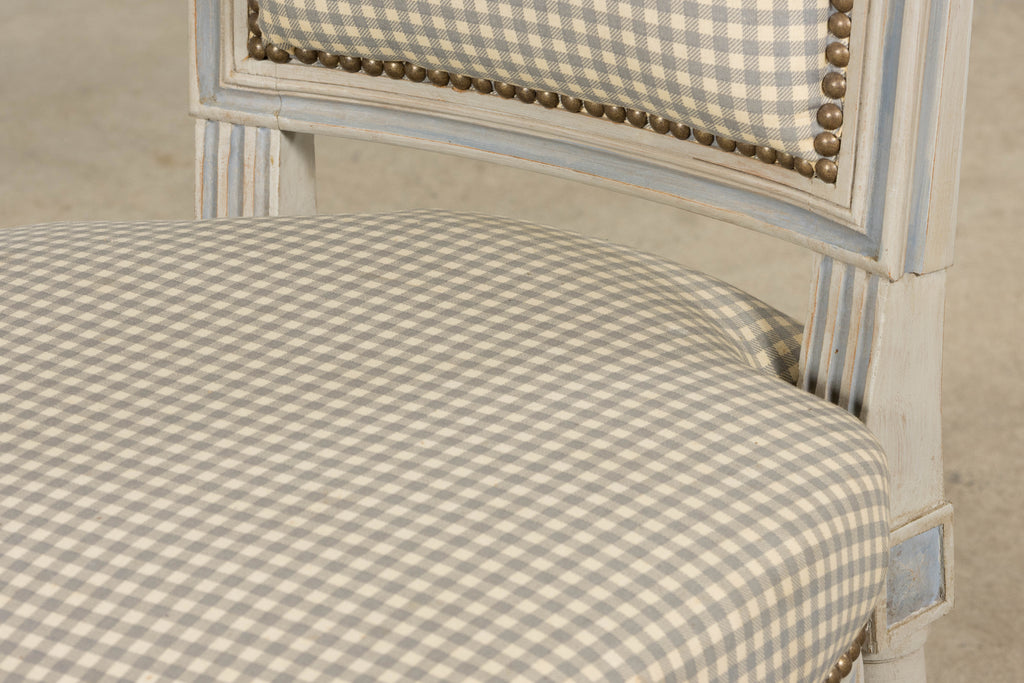 Set of Eight Early 20th Century French Louis XVI Style Painted Dining Chairs with Gingham Upholstery, Paris