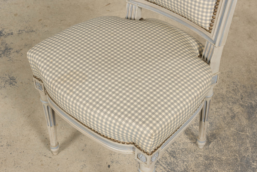 Set of Eight Early 20th Century French Louis XVI Style Painted Dining Chairs with Gingham Upholstery, Paris