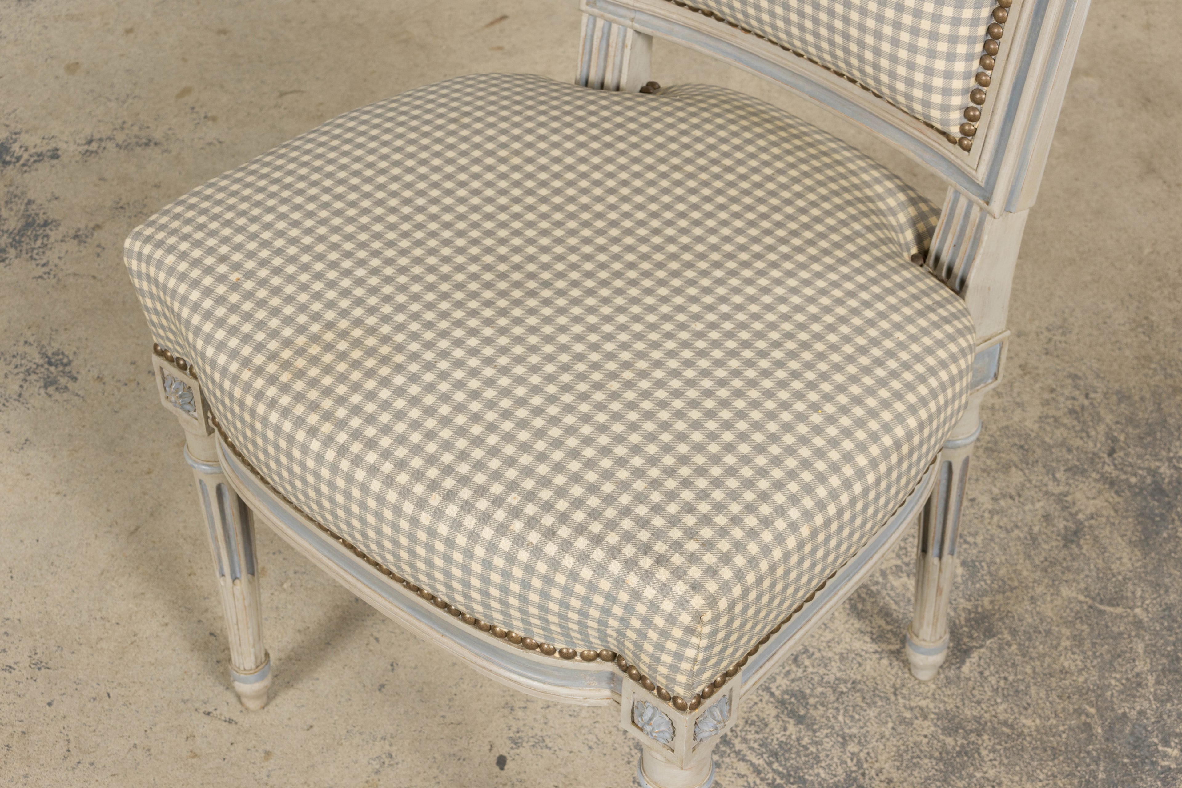 Set of Eight Early 20th Century French Louis XVI Style Painted Dining Chairs with Gingham Upholstery, Paris