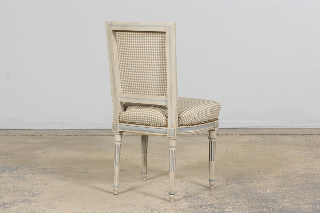 Set of Eight Early 20th Century French Louis XVI Style Painted Dining Chairs with Gingham Upholstery, Paris