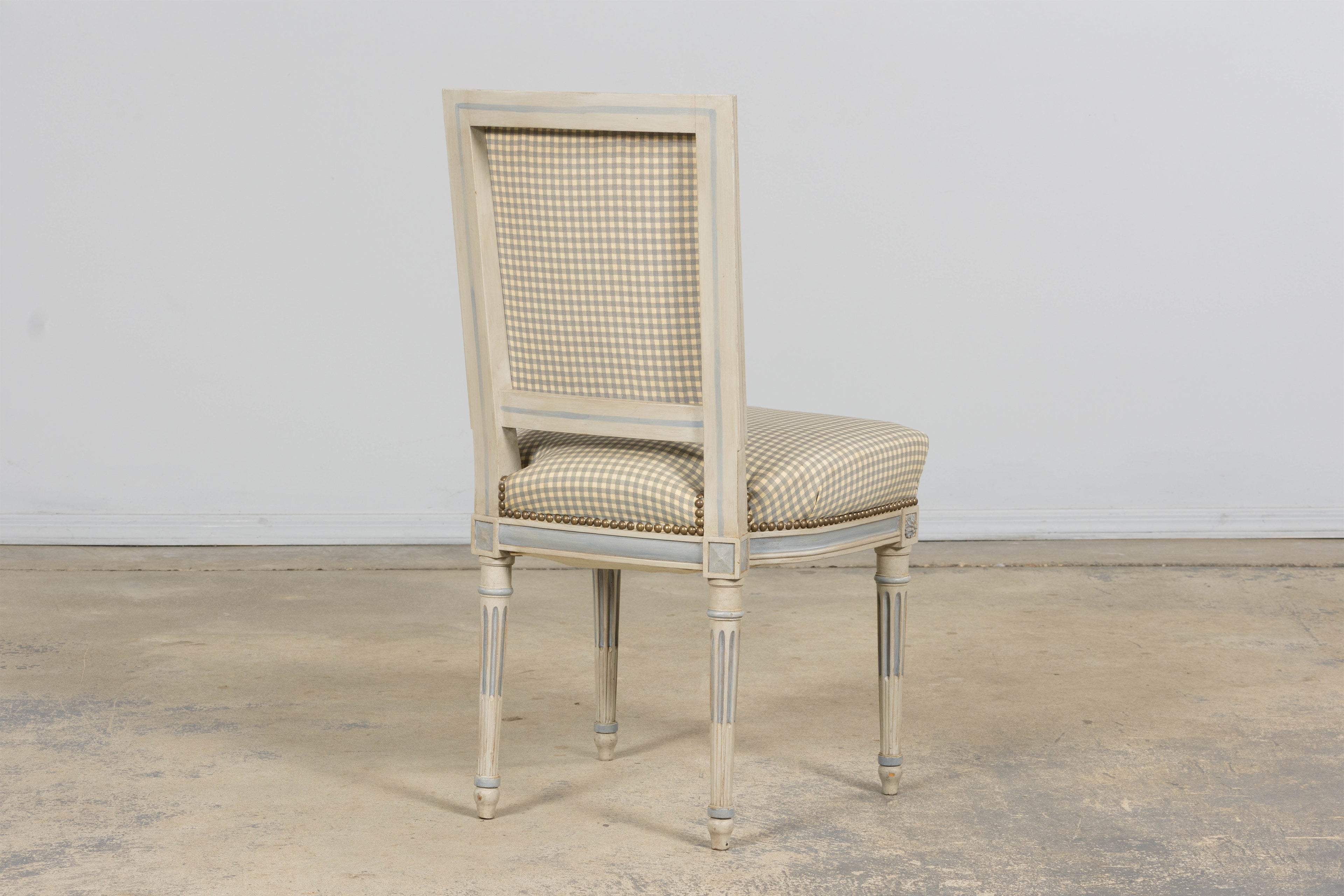 Set of Eight Early 20th Century French Louis XVI Style Painted Dining Chairs with Gingham Upholstery, Paris