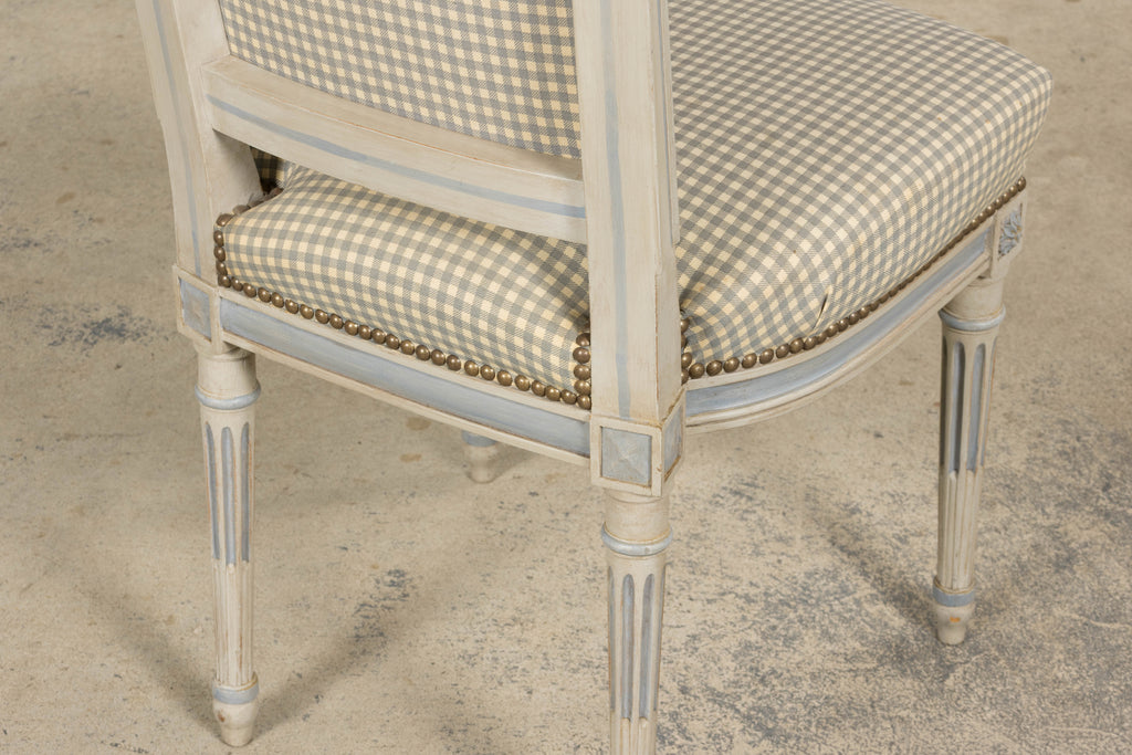 Set of Eight Early 20th Century French Louis XVI Style Painted Dining Chairs with Gingham Upholstery, Paris