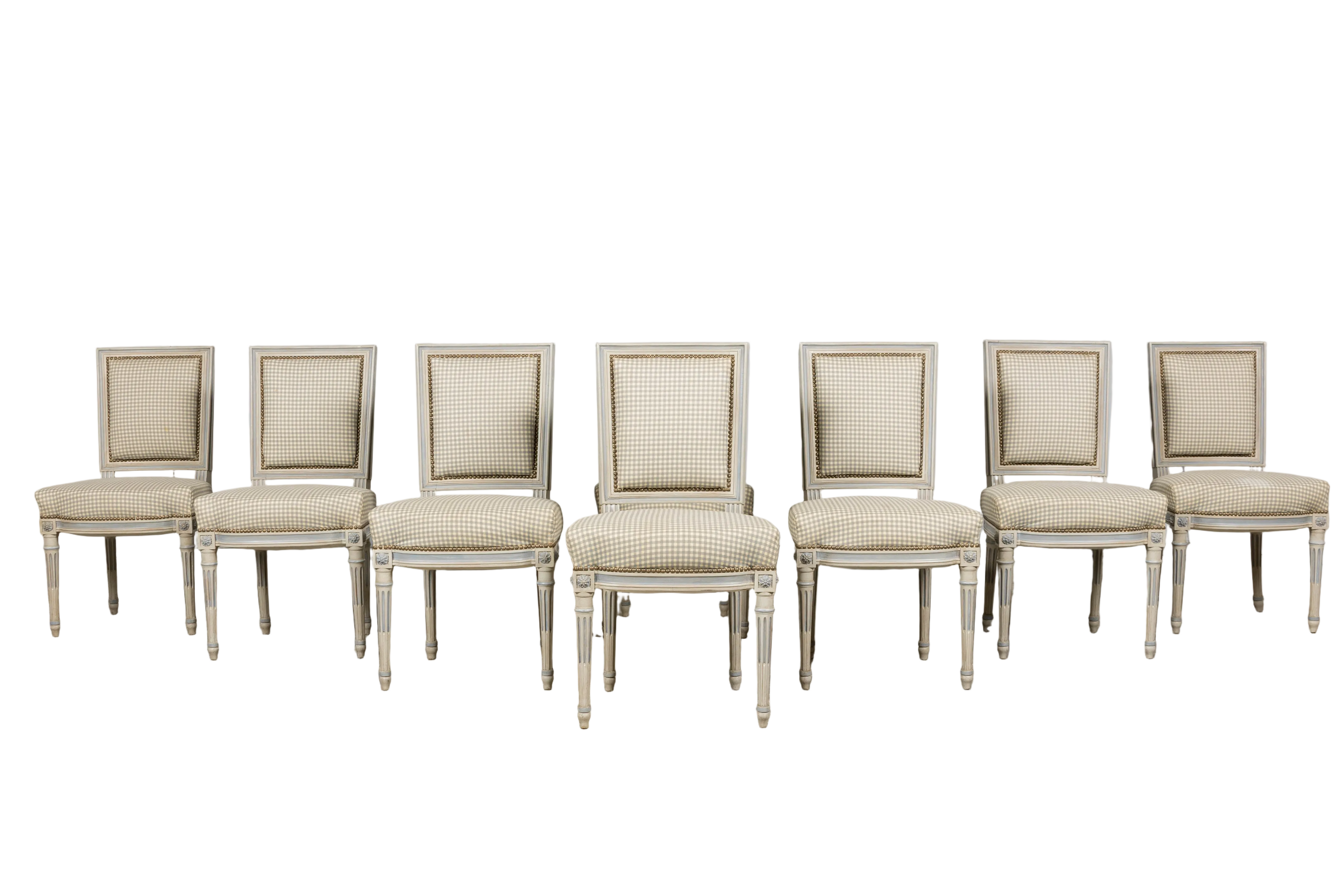 Set of Eight Early 20th Century French Louis XVI Style Painted Dining Chairs with Gingham Upholstery, Paris