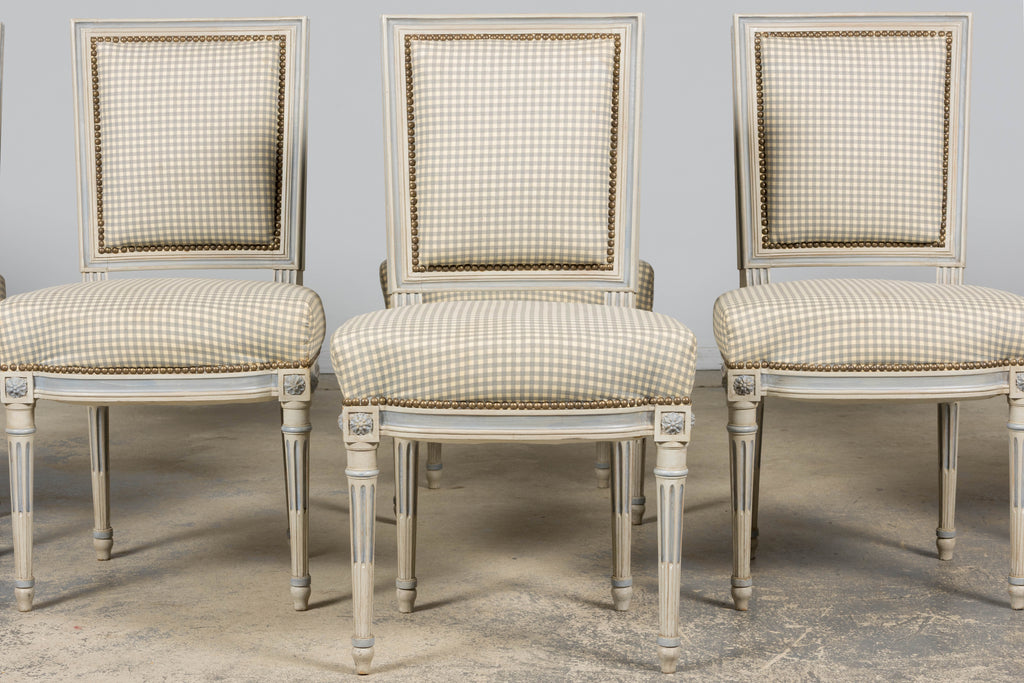 Set of Eight Early 20th Century French Louis XVI Style Painted Dining Chairs with Gingham Upholstery, Paris